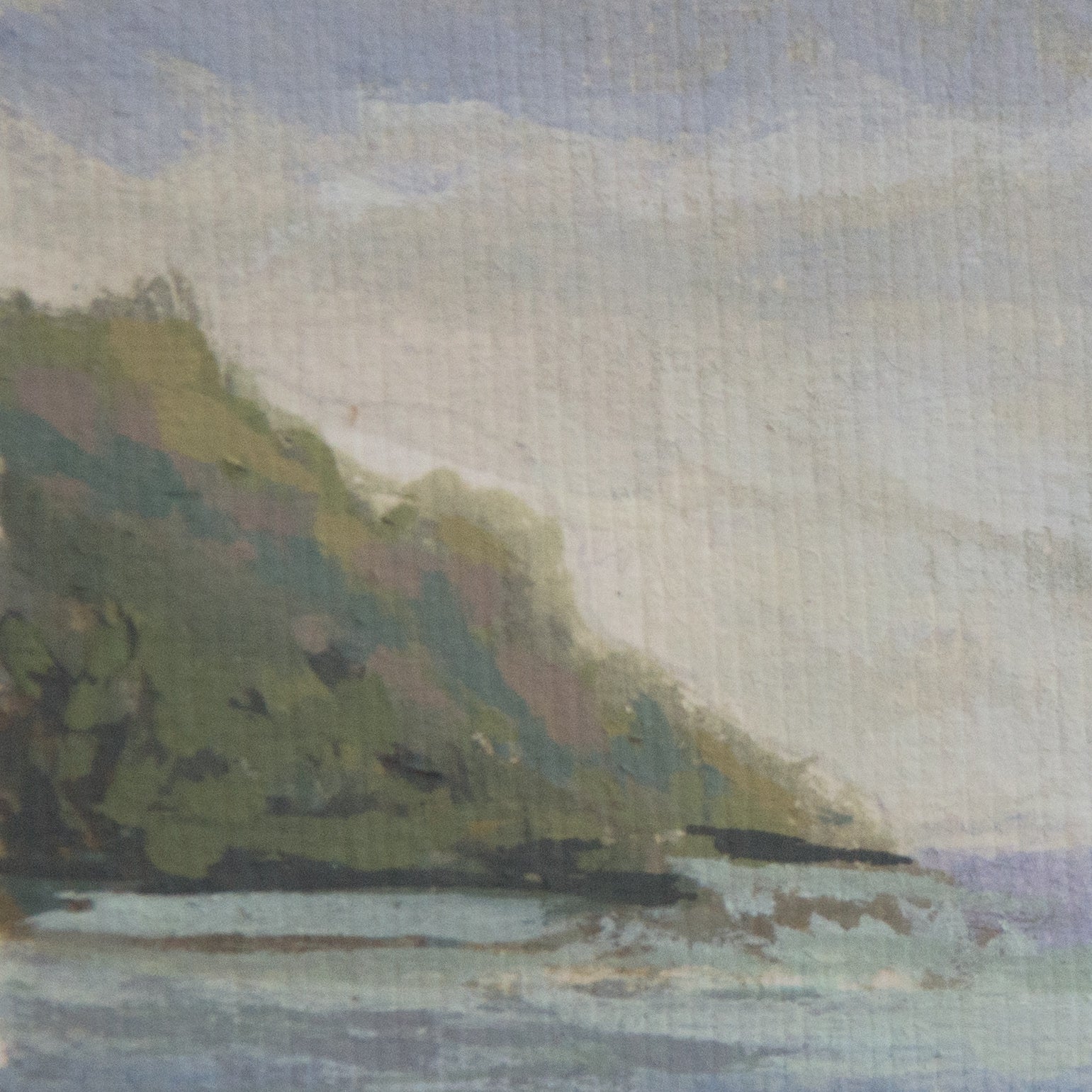 Close-up detail of plein air brushstrokes and lush green hillside textures in Channel Islands National Park art