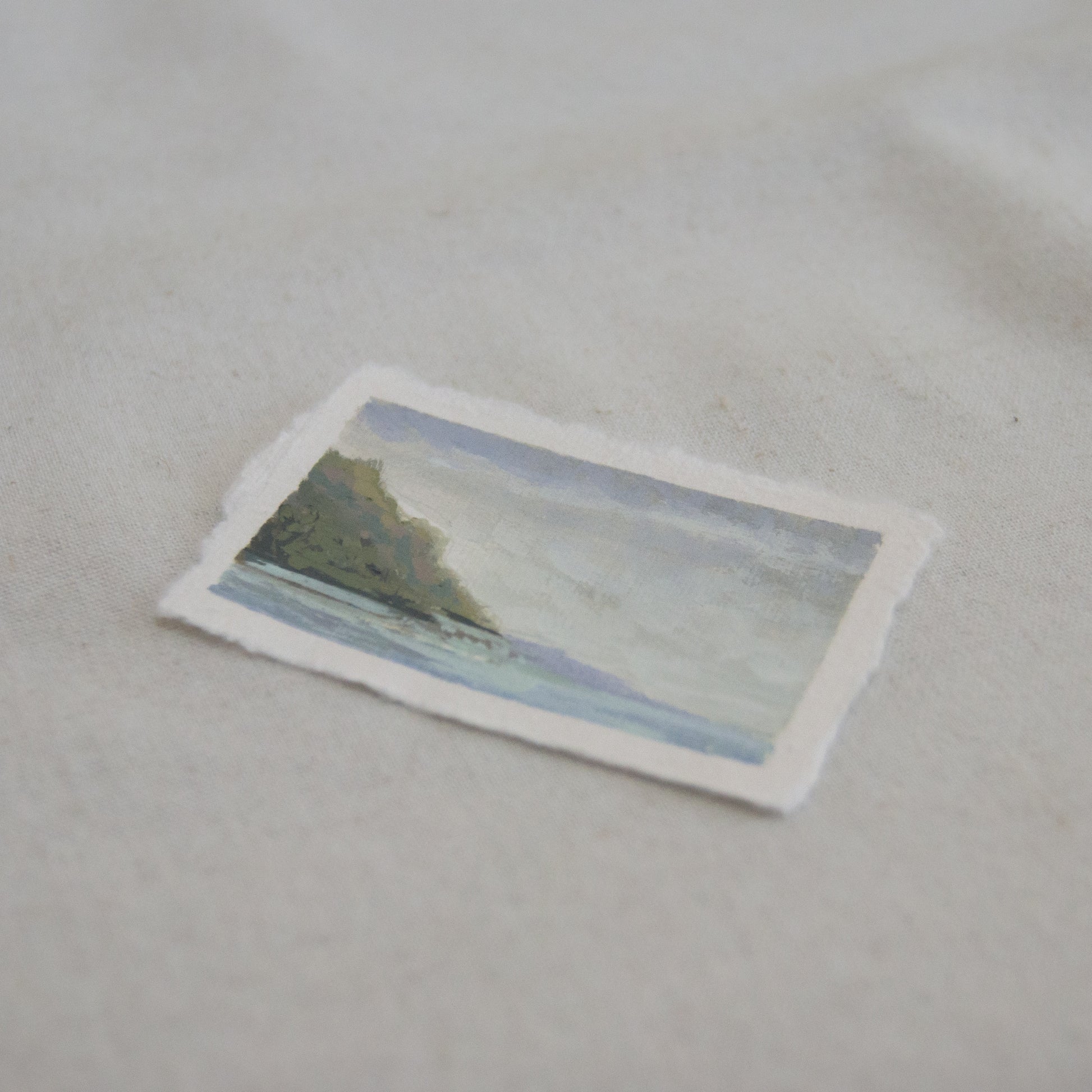 Side profile of Pelican Bay trail in Santa Cruz Island in Channel Islands National Park mini painting on deckled edge 100% cotton rag paper