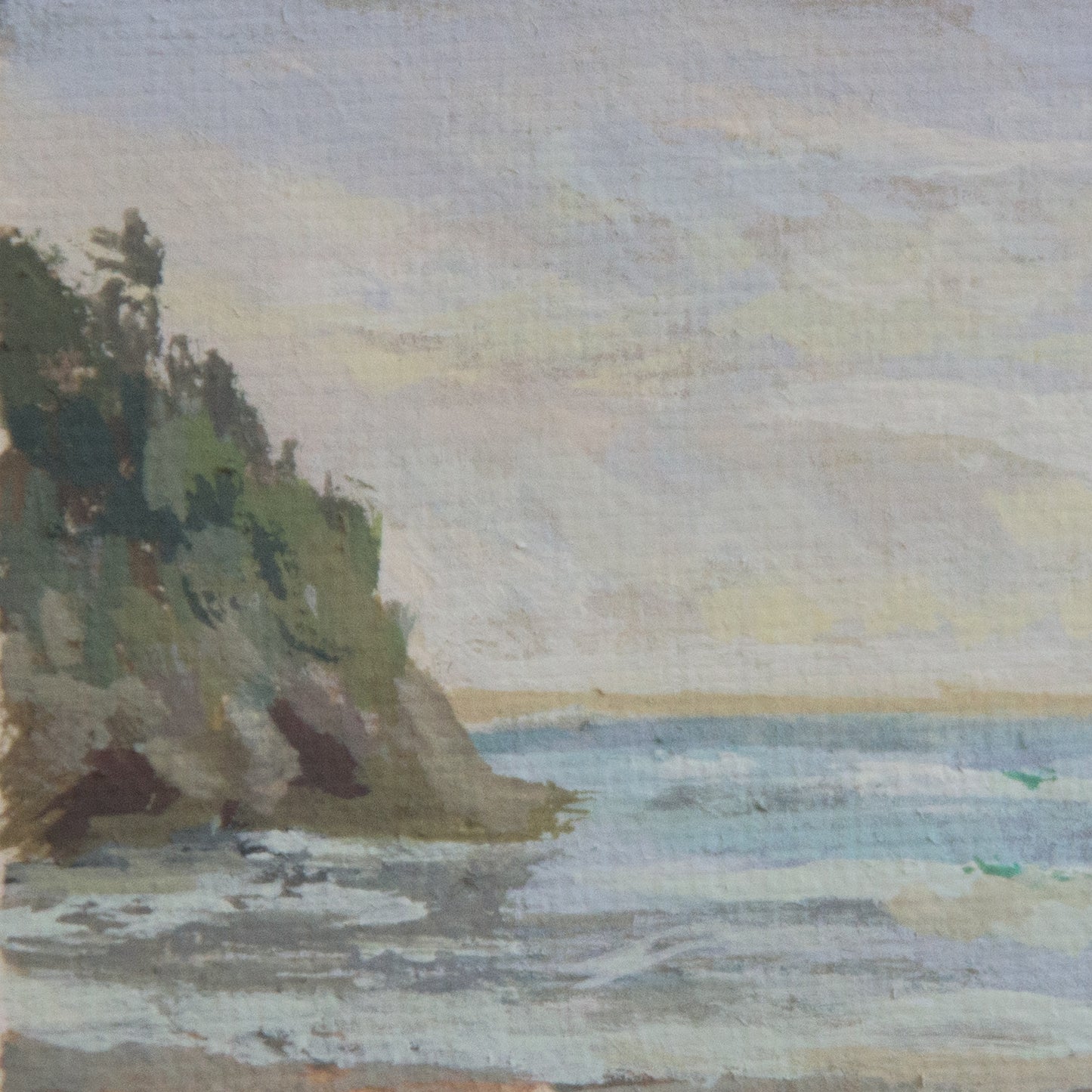 Close-up detail of plein air brushstrokes and ocean and rocky textures in Pelican Bay Channel Islands National Park art