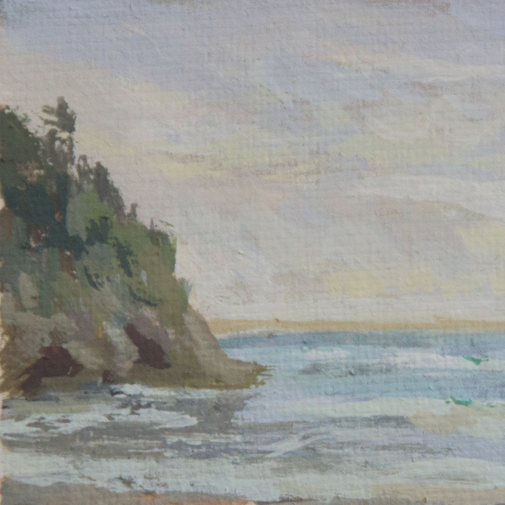 Close-up detail of plein air brushstrokes and ocean and rocky textures in Pelican Bay Channel Islands National Park art