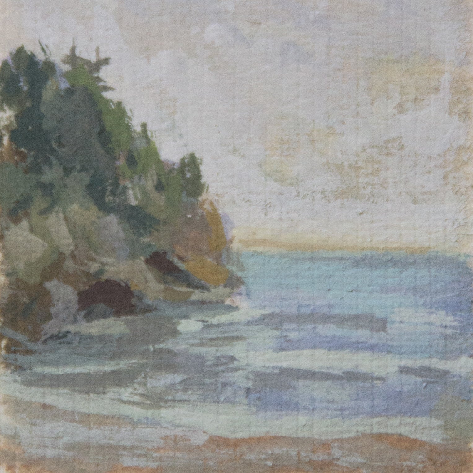 Close-up detail of plein air brushstrokes and rocky textures of Pelican Bay in Channel Islands National Park art