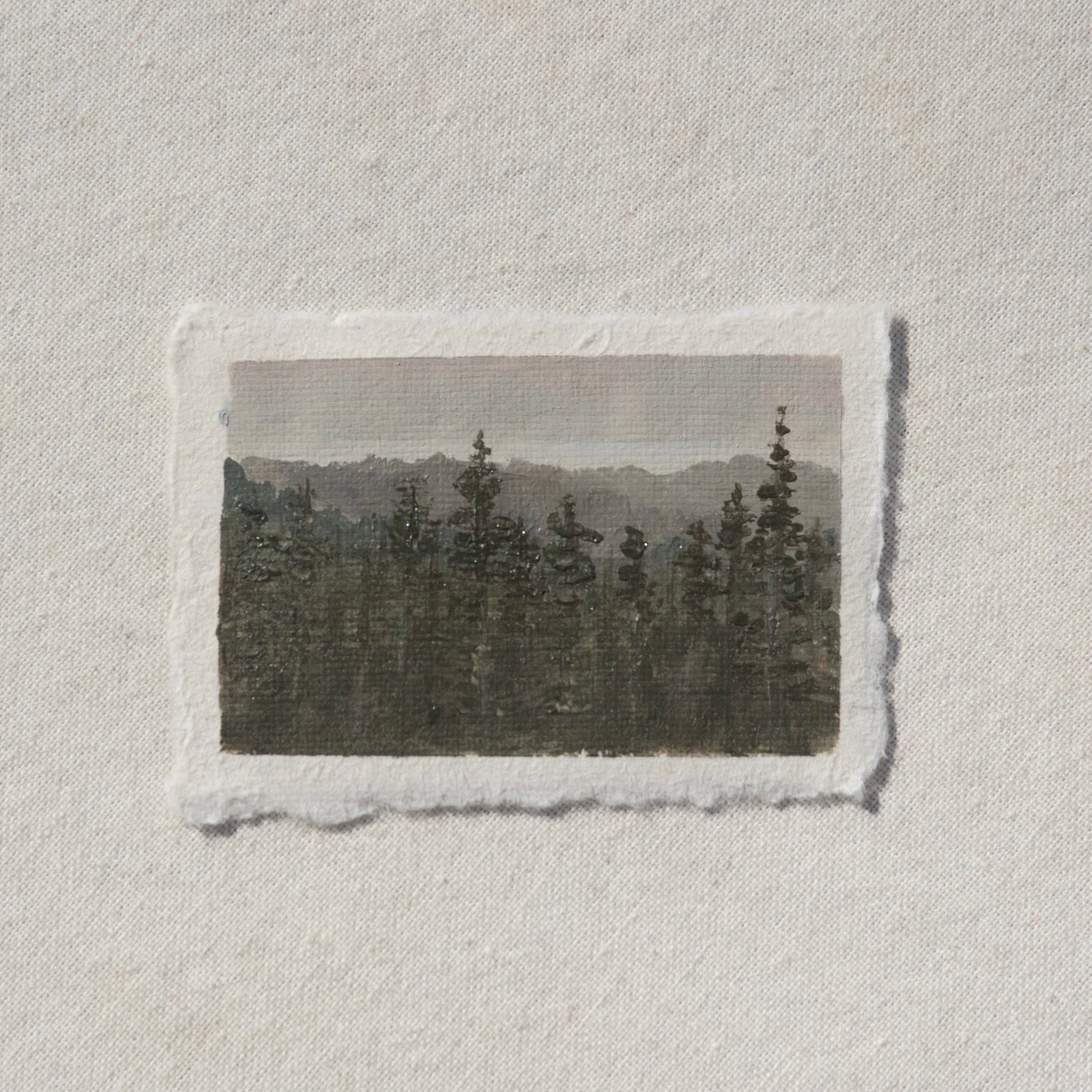 Mountain and pine tree overlook from skyline trail miniature gouache painting from Mount Rainier National Park by Laura Van Moorleghem