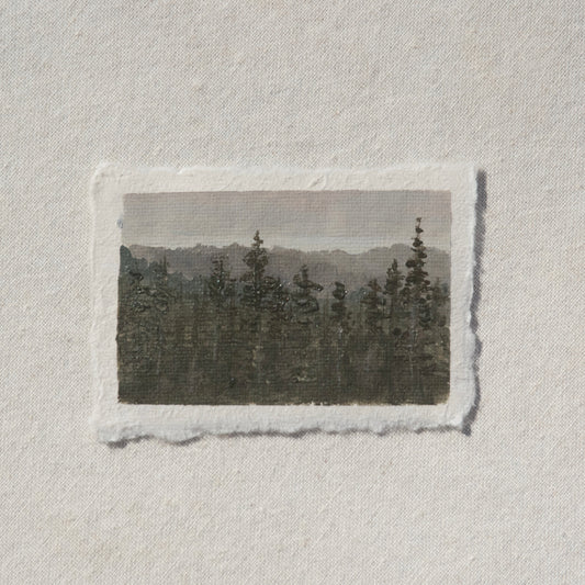 Mountain and pine tree overlook from skyline trail miniature gouache painting from Mount Rainier National Park by Laura Van Moorleghem