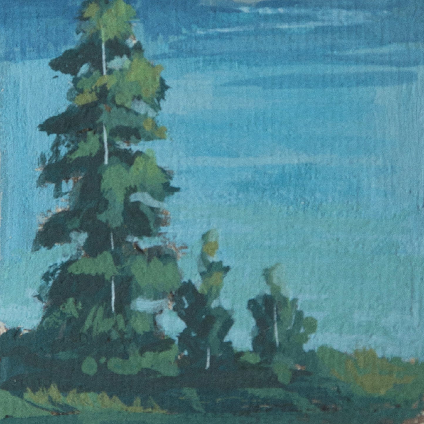 close up detail of gouache mini Painting of a tree with a blue lake from Crater lake national park