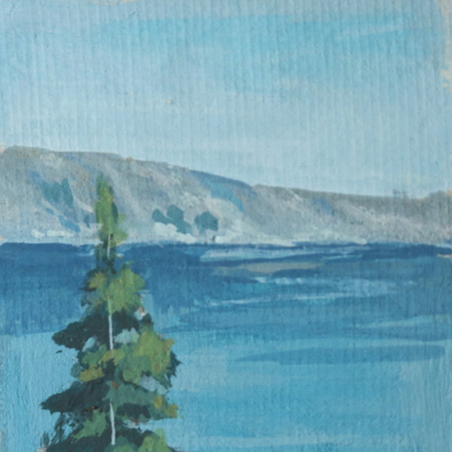 Close-up detail of plein air brushstrokes and bright blue, pine tree greens, and mountain nude  textures in Crater Lake National Park art