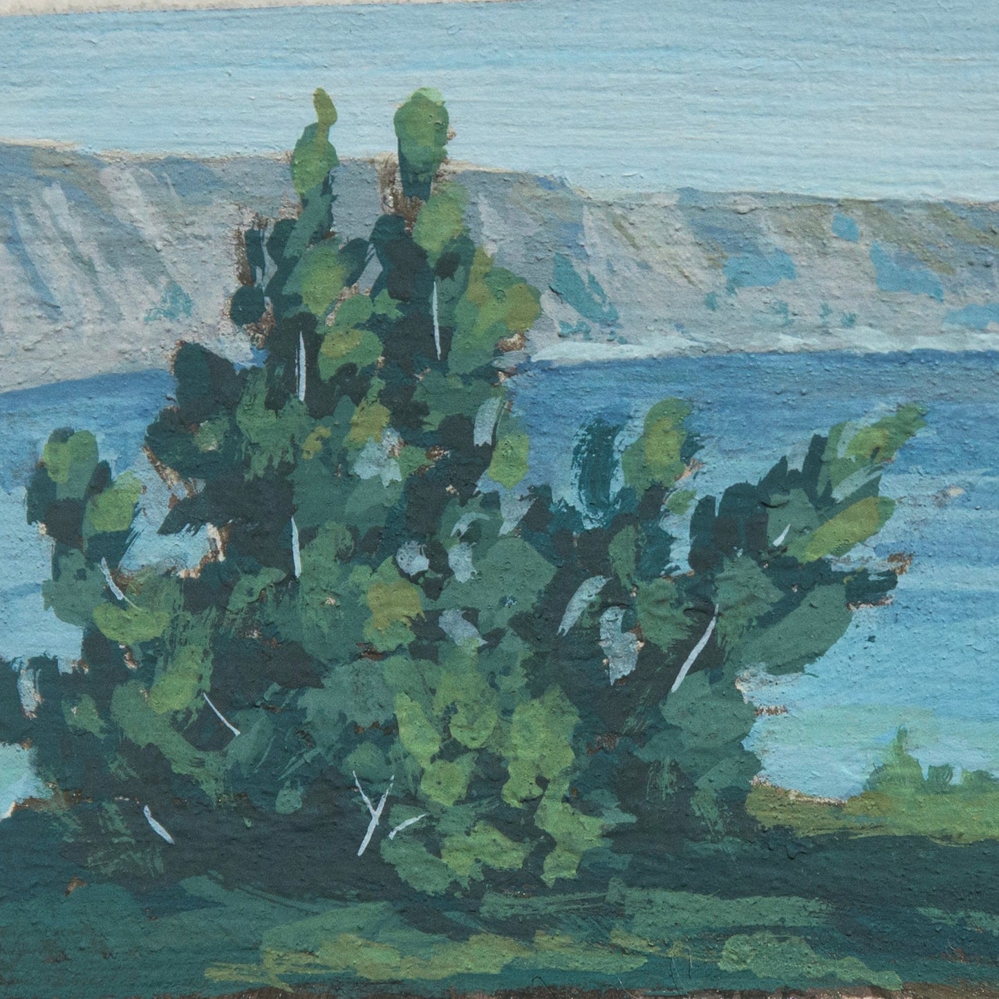 Close up detail of Crater lake national park depiction of green pine tree foliage with a blue water and tan mountains 