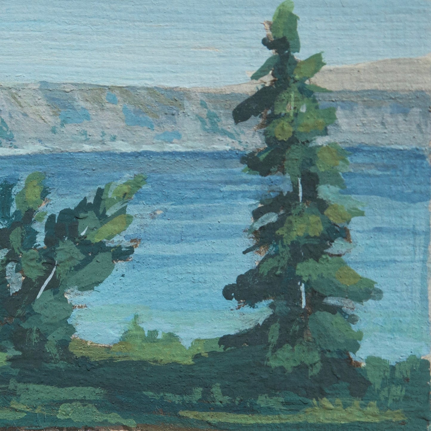 Close-up detail of plein air brushstrokes and pine tree textures in Crater Lake National Park art