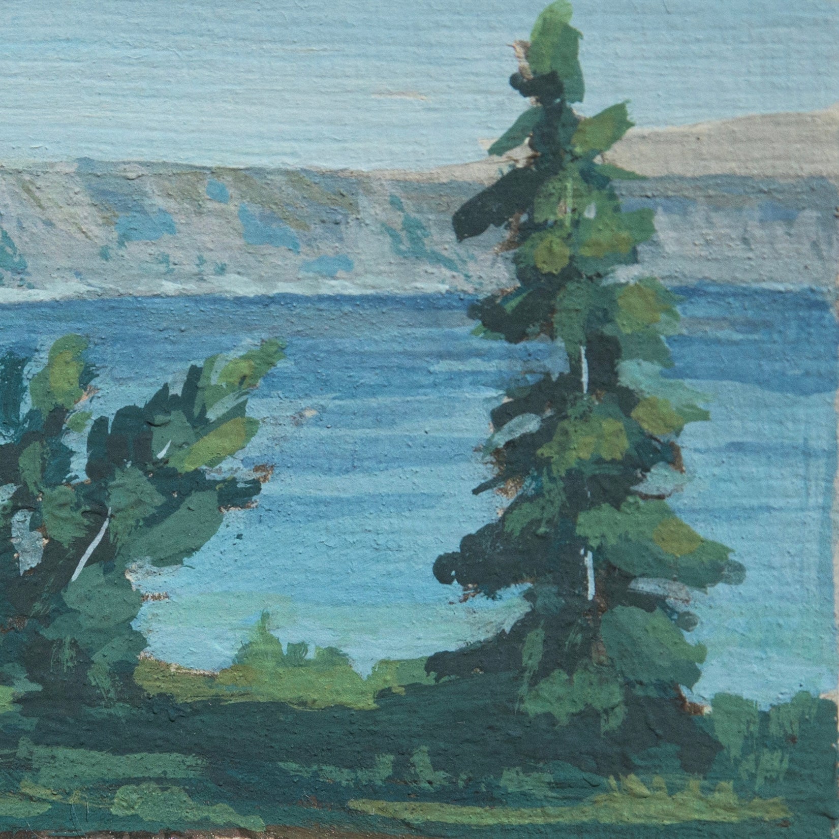 Close-up detail of plein air brushstrokes and pine tree textures in Crater Lake National Park art