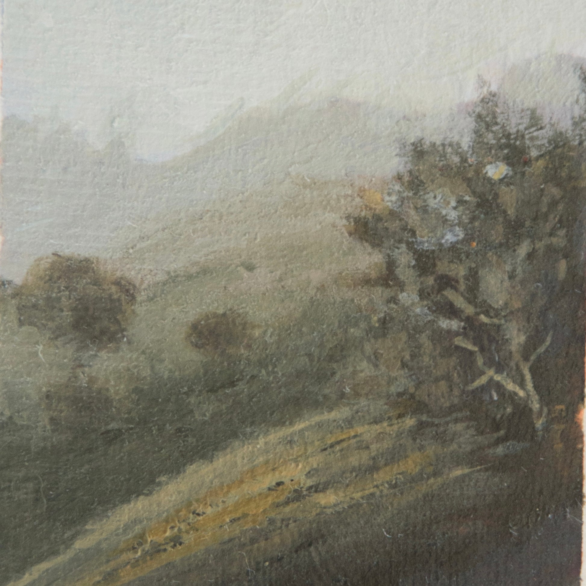 Close-up detail of plein air paintstrokes and foggy, large tree textures in Pinnacles National Park art
