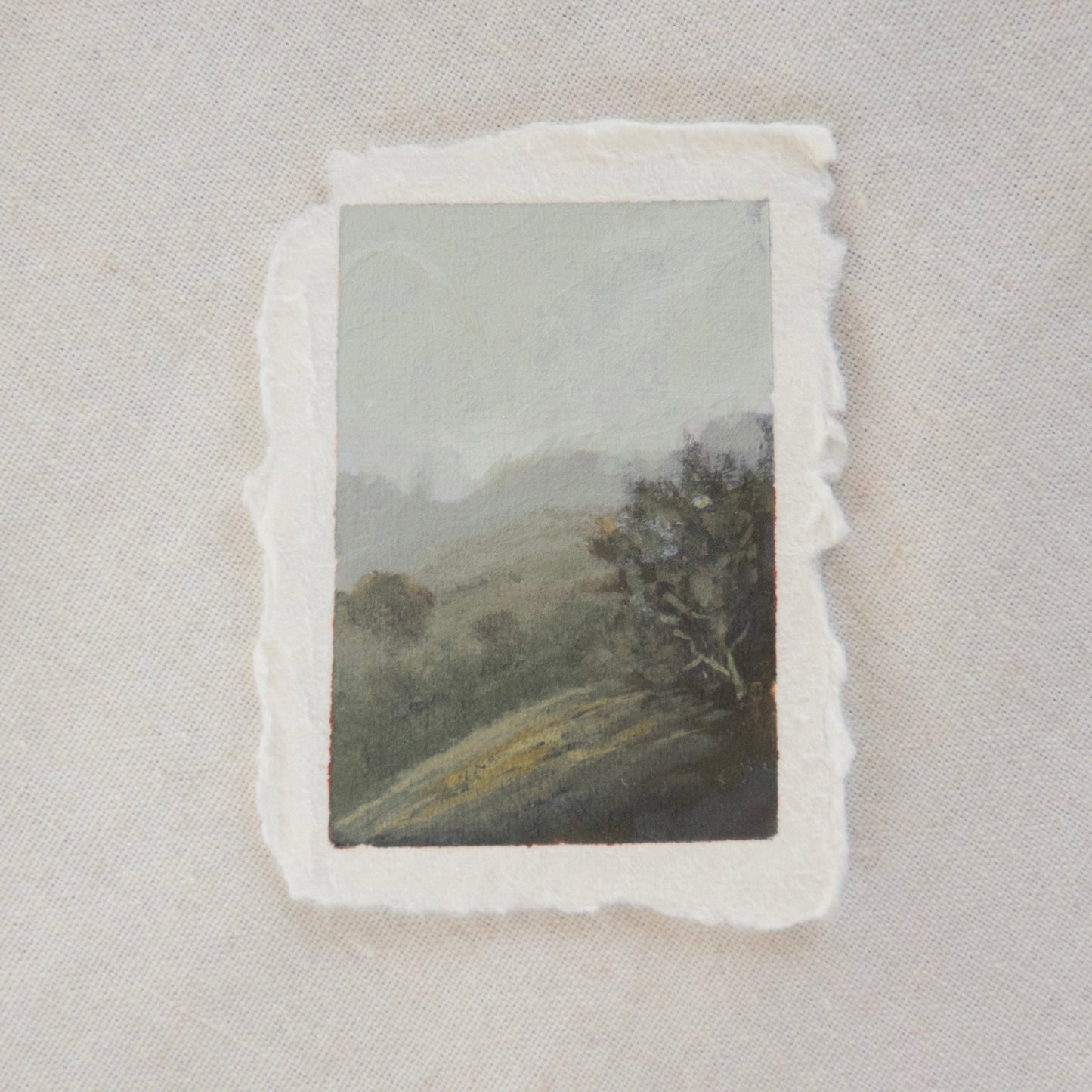 Hillside and trees in a foggy miniature acrylic painting from Pinnacles National Park by Laura Van Moorleghem