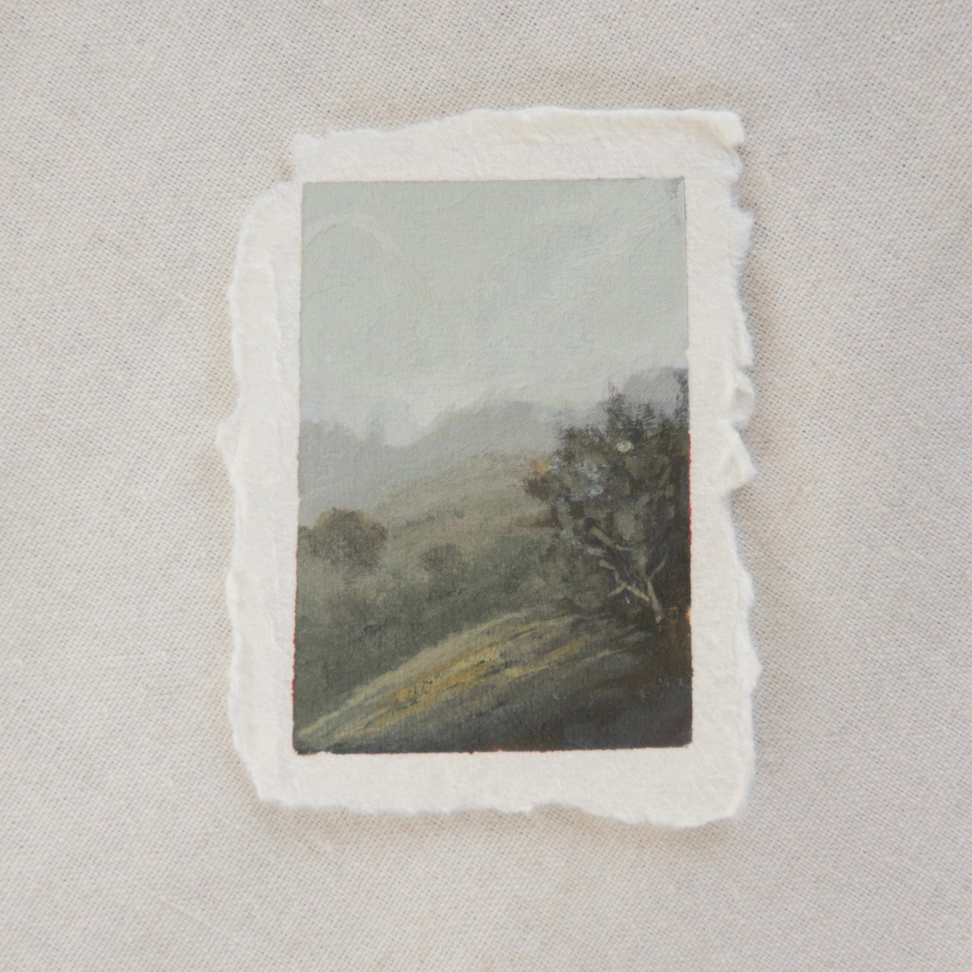 Hillside and trees in a foggy miniature acrylic painting from Pinnacles National Park by Laura Van Moorleghem