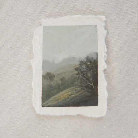 Hillside and trees in a foggy miniature acrylic painting from Pinnacles National Park by Laura Van Moorleghem