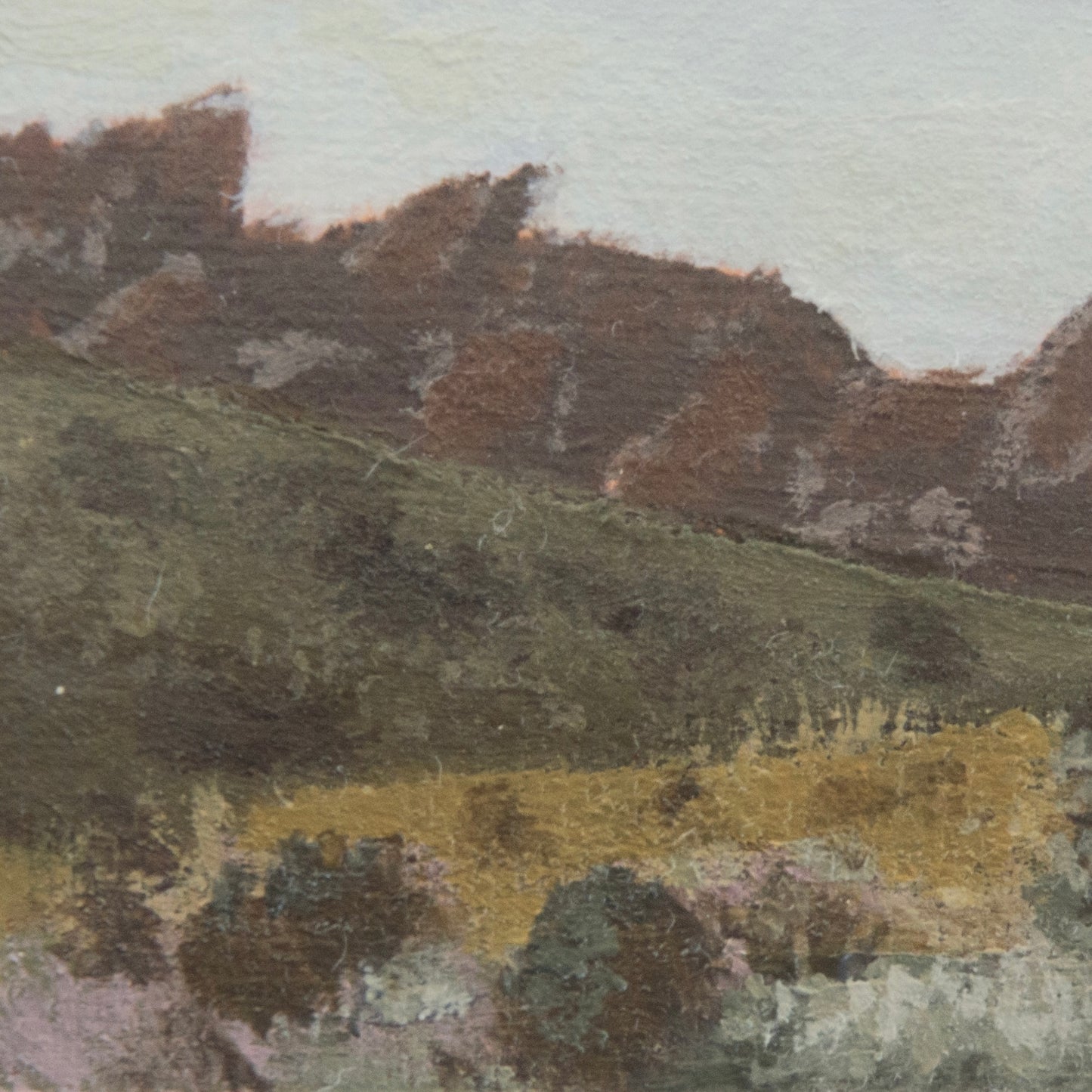 Close-up detail of plein air painted brushstrokes and distant Pinnacle peaks with greenery on foreground textures in Pinnacles National Park art
