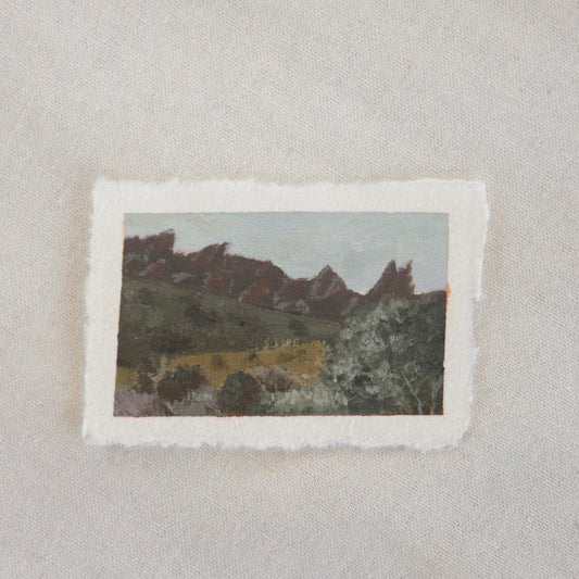 Miniature acrylic painting of pinnacles peaks created in Pinnacles National Park by Laura Van Moorleghem