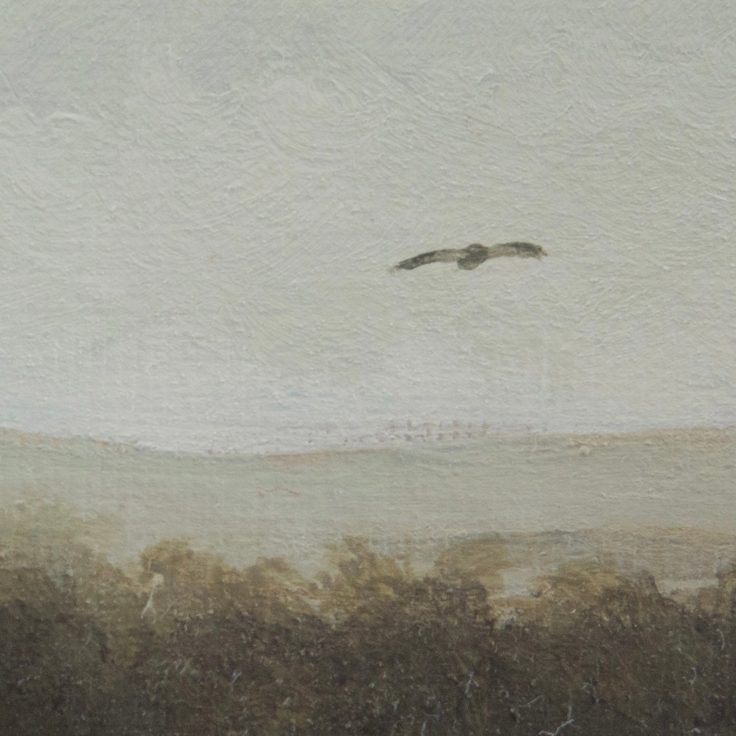 Close-up detail of plein air foggy brushstrokes and pinnacles overlook with california condor textures in Pinnacles National Park art