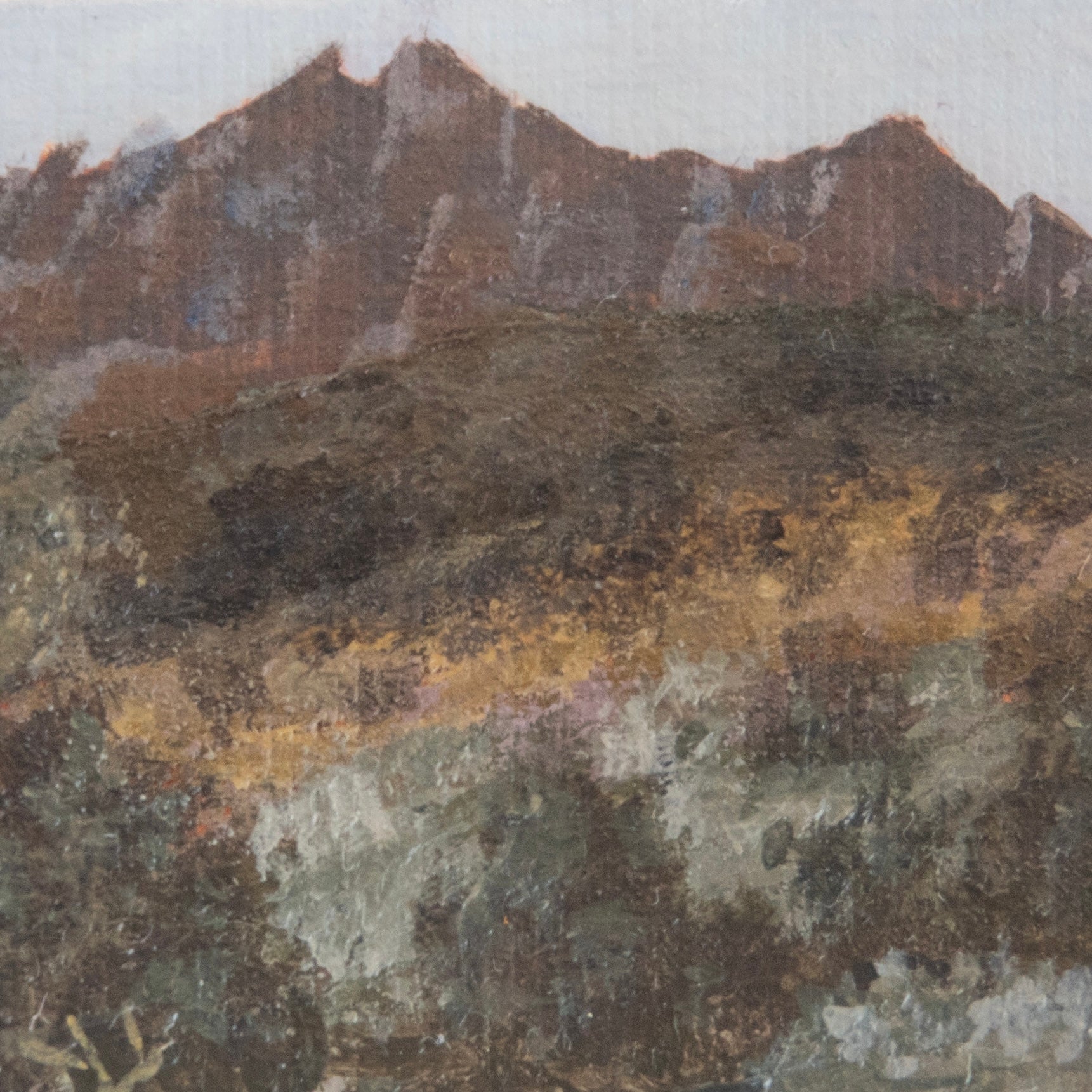 Close-up detail of plein air brushstrokes and pine tree. grass, and jagged pinnacle peak textures at Pinnacles National Park art