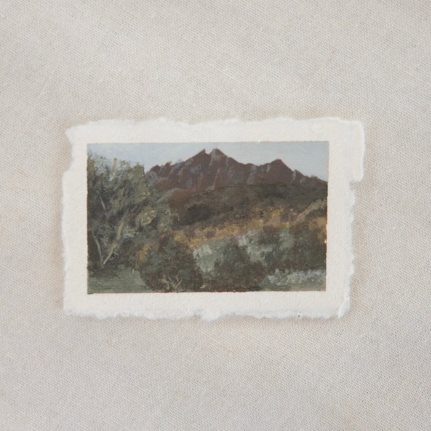 Pinnacles peaks with large tree and shrubbery miniature acrylic painting from Pinnacles National Park by Laura Van Moorleghem