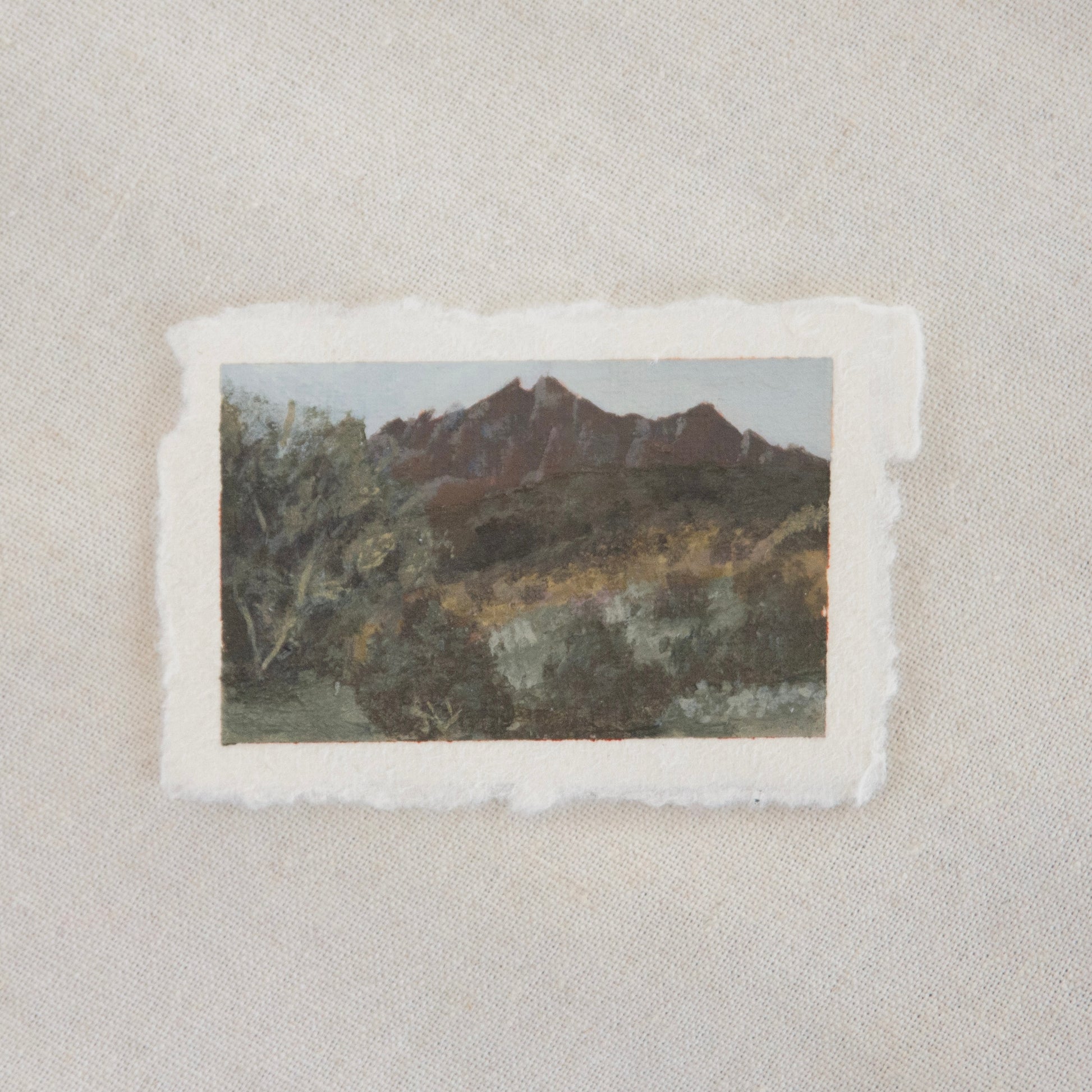 Pinnacles peaks with large tree and shrubbery miniature acrylic painting from Pinnacles National Park by Laura Van Moorleghem