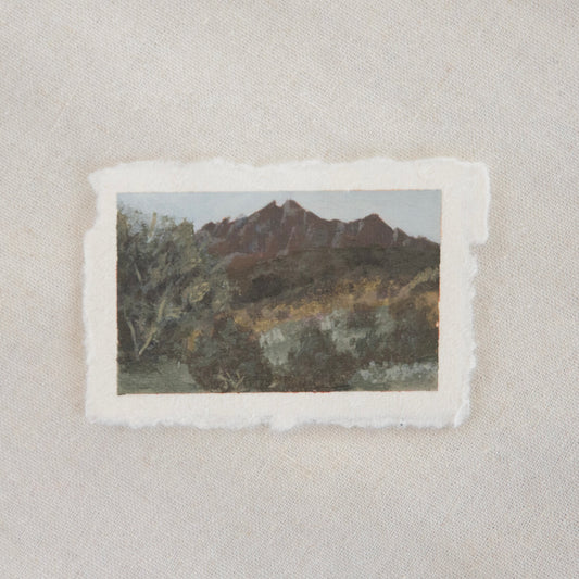 Pinnacles peaks with large tree and shrubbery miniature acrylic painting from Pinnacles National Park by Laura Van Moorleghem