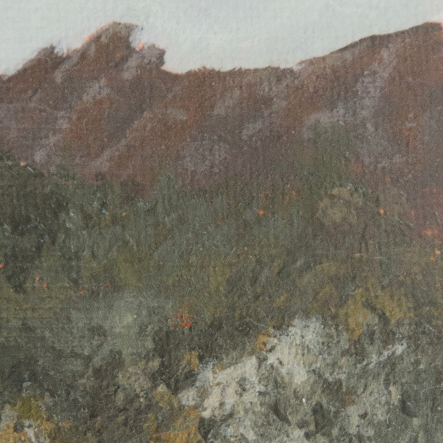 Close-up detail of plein air brushstrokes and jagged Pinnacles with greenery textures in Pinnacles National Park art