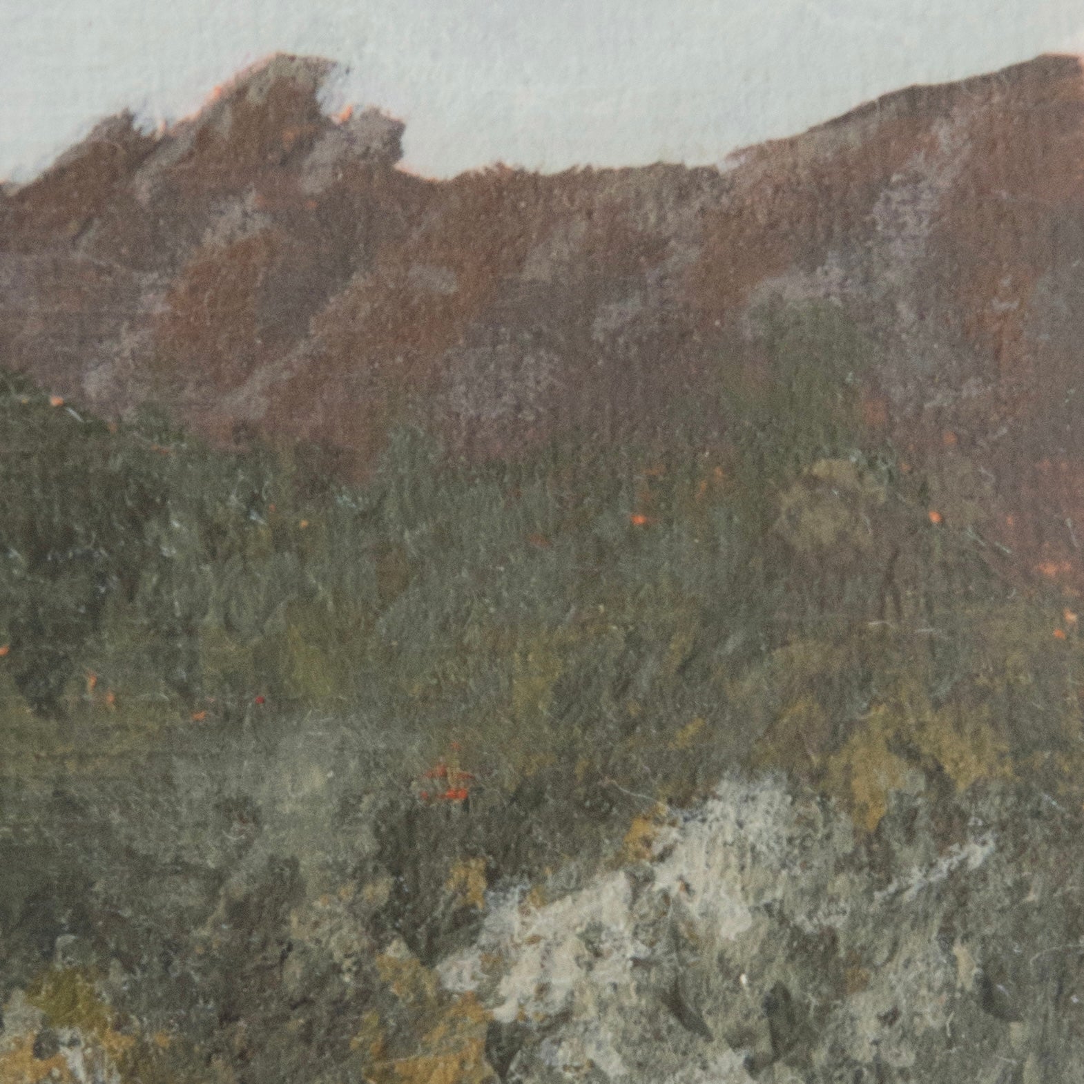 Close-up detail of plein air brushstrokes and jagged Pinnacles with greenery textures in Pinnacles National Park art