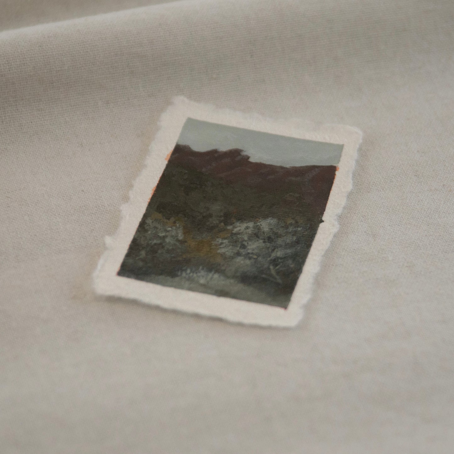 Side profile of pinnacle peaks and impressionistic trees miniature  painting on deckled edge 100% cotton rag paper