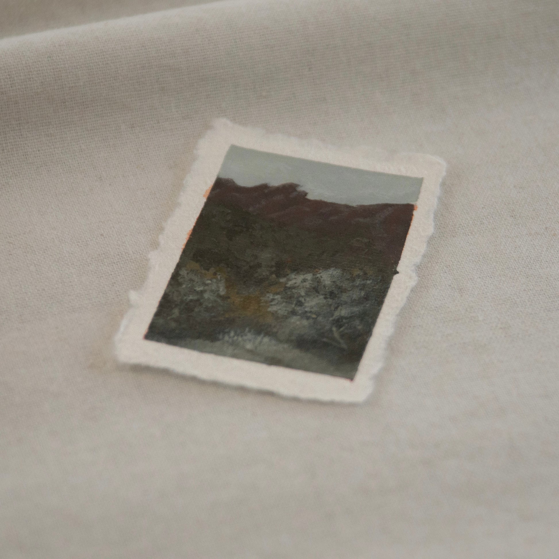 Side profile of pinnacle peaks and impressionistic trees miniature  painting on deckled edge 100% cotton rag paper