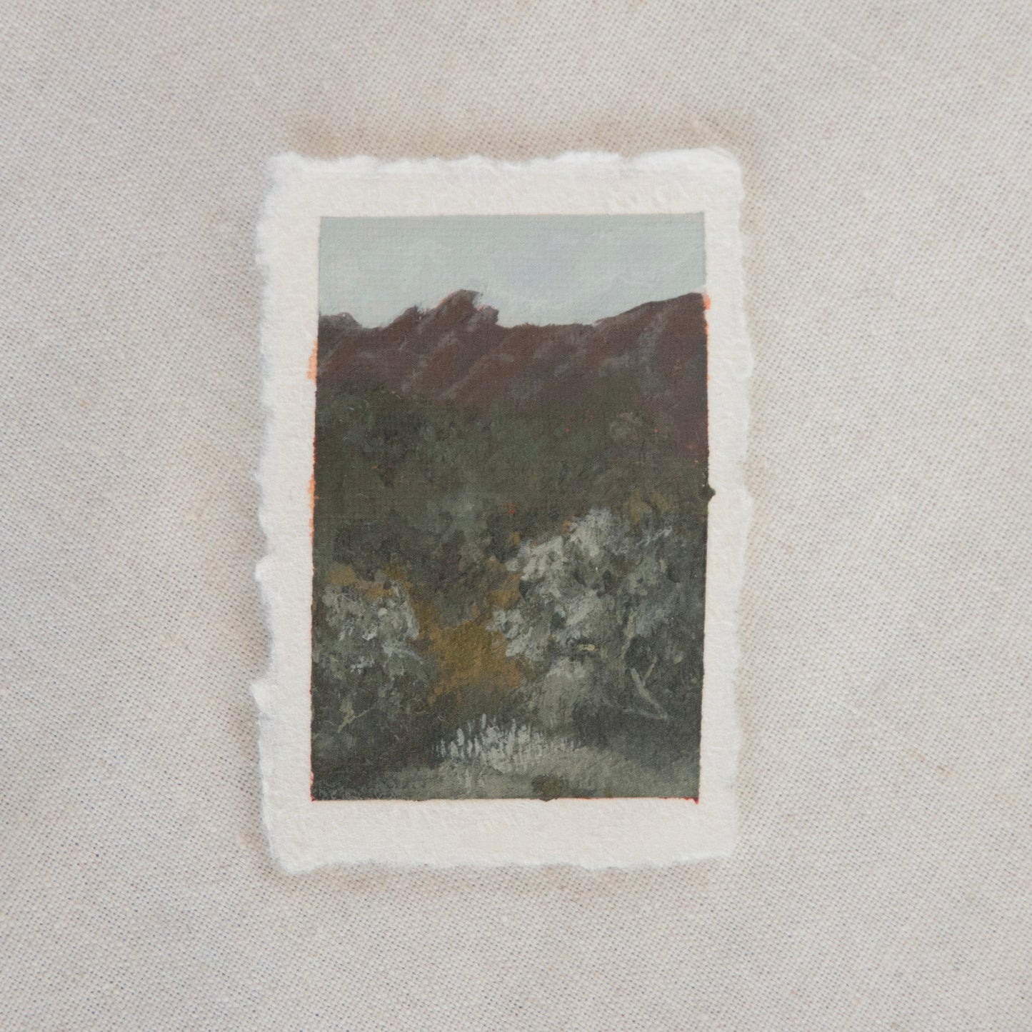 Pinnacles peaks and trees miniature acrylic painting from Pinnacles National Park by Laura Van Moorleghem