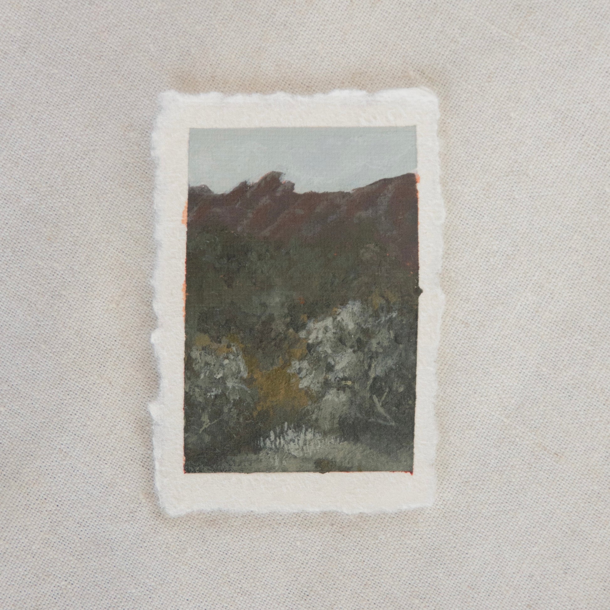 Pinnacles peaks and trees miniature acrylic painting from Pinnacles National Park by Laura Van Moorleghem