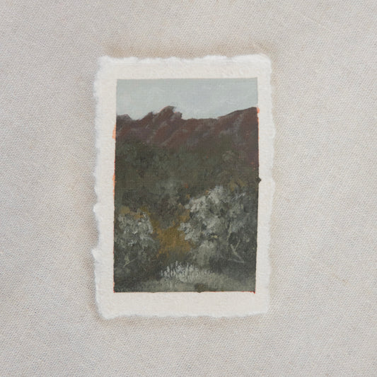 Pinnacles peaks and trees miniature acrylic painting from Pinnacles National Park by Laura Van Moorleghem