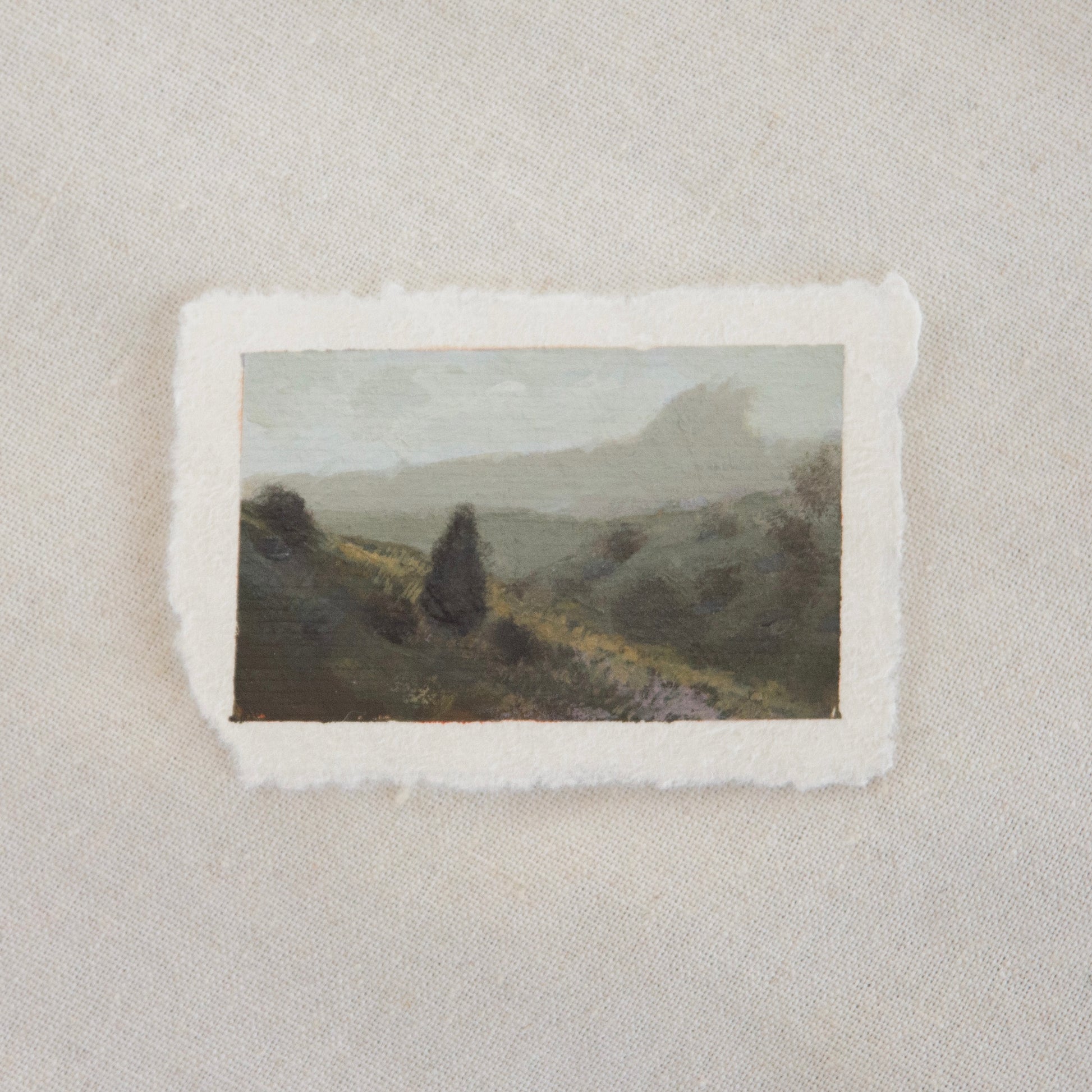 Pinnacles NP overlook with sunlight hitting hillside miniature acrylic painting from Pinnacles National Park by Laura Van Moorleghem