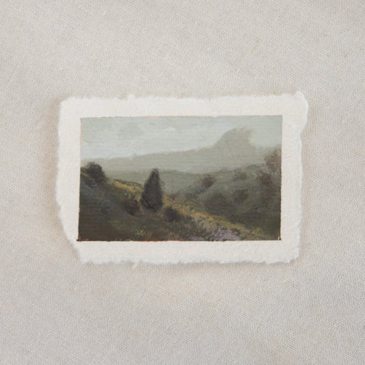 Pinnacles NP overlook with sunlight hitting hillside miniature acrylic painting from Pinnacles National Park by Laura Van Moorleghem