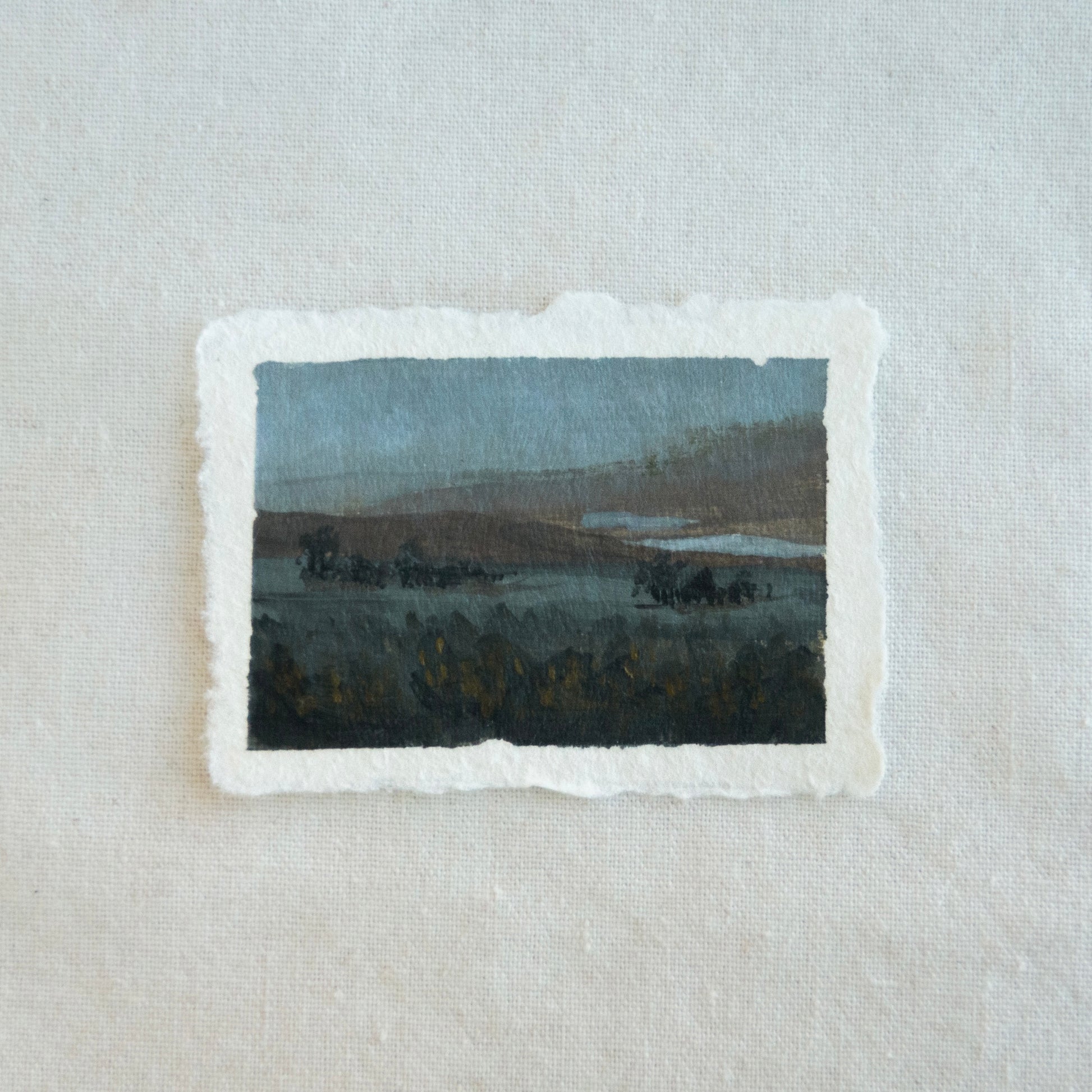 Point reyes moody mountains and reflective water in foggy light miniature acrylic painting from Point Reyes National Seashore by Laura Van Moorleghem