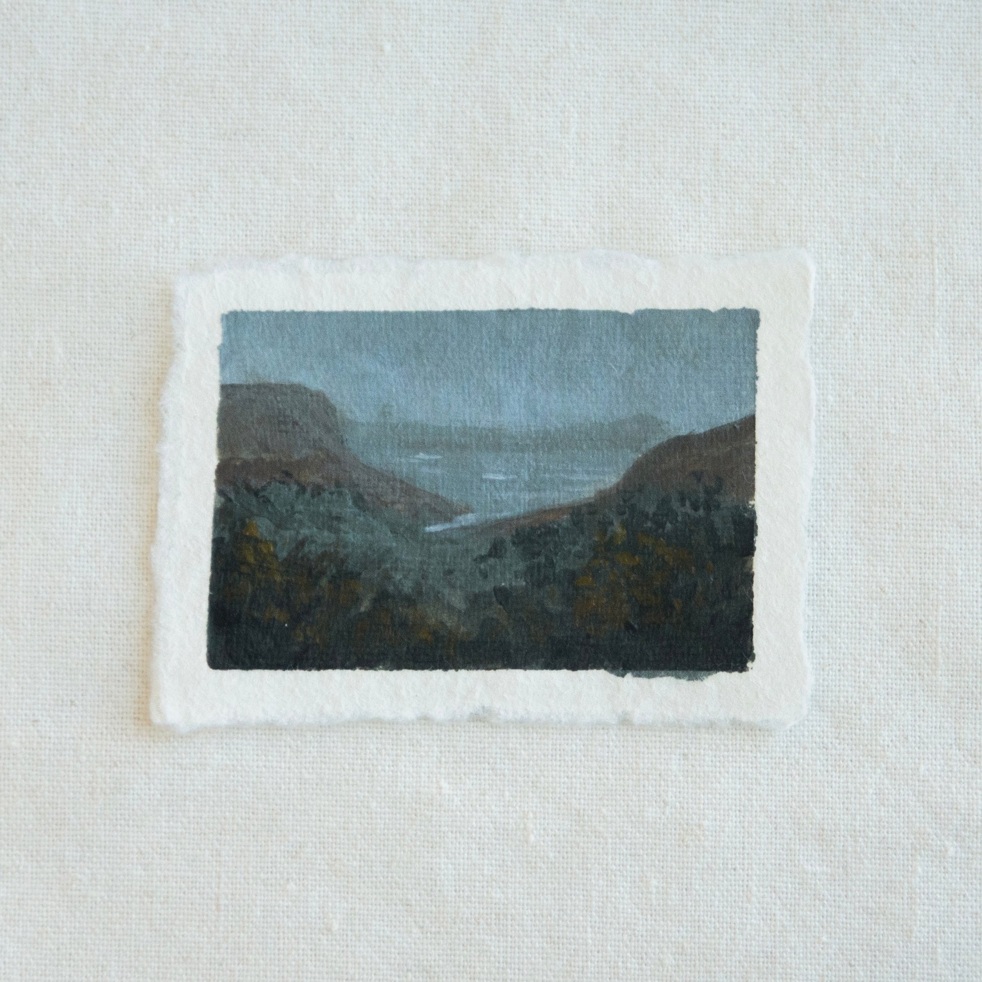 Point reyes oceanscape and mountainscape in moonlight miniature acrylic painting from Point Reyes National Seashore by Laura Van Moorleghem