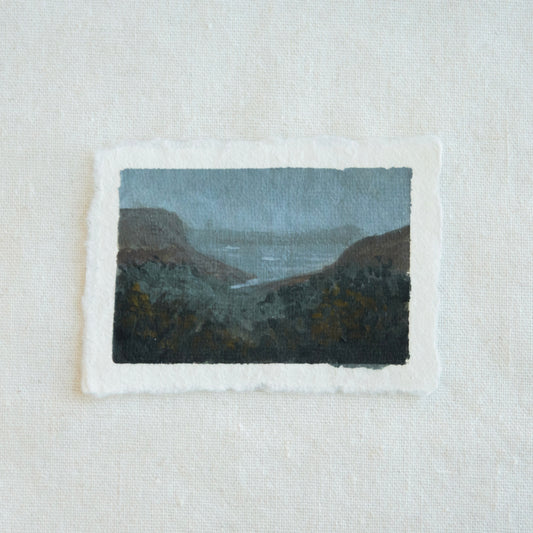 Point reyes oceanscape and mountainscape in moonlight miniature acrylic painting from Point Reyes National Seashore by Laura Van Moorleghem