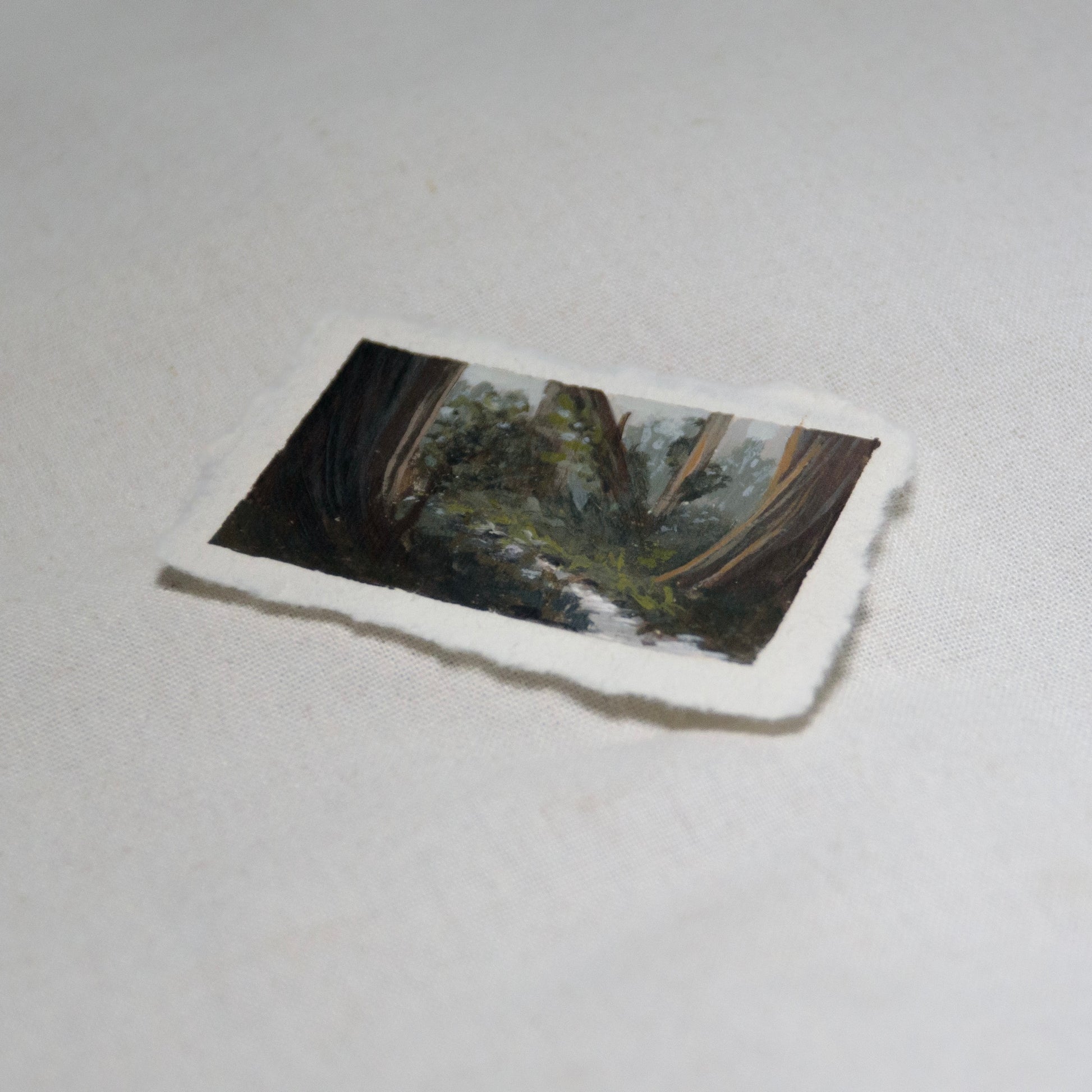 Side profile of redwood creek in redwood national park painting on deckled edge 100% cotton rag paper