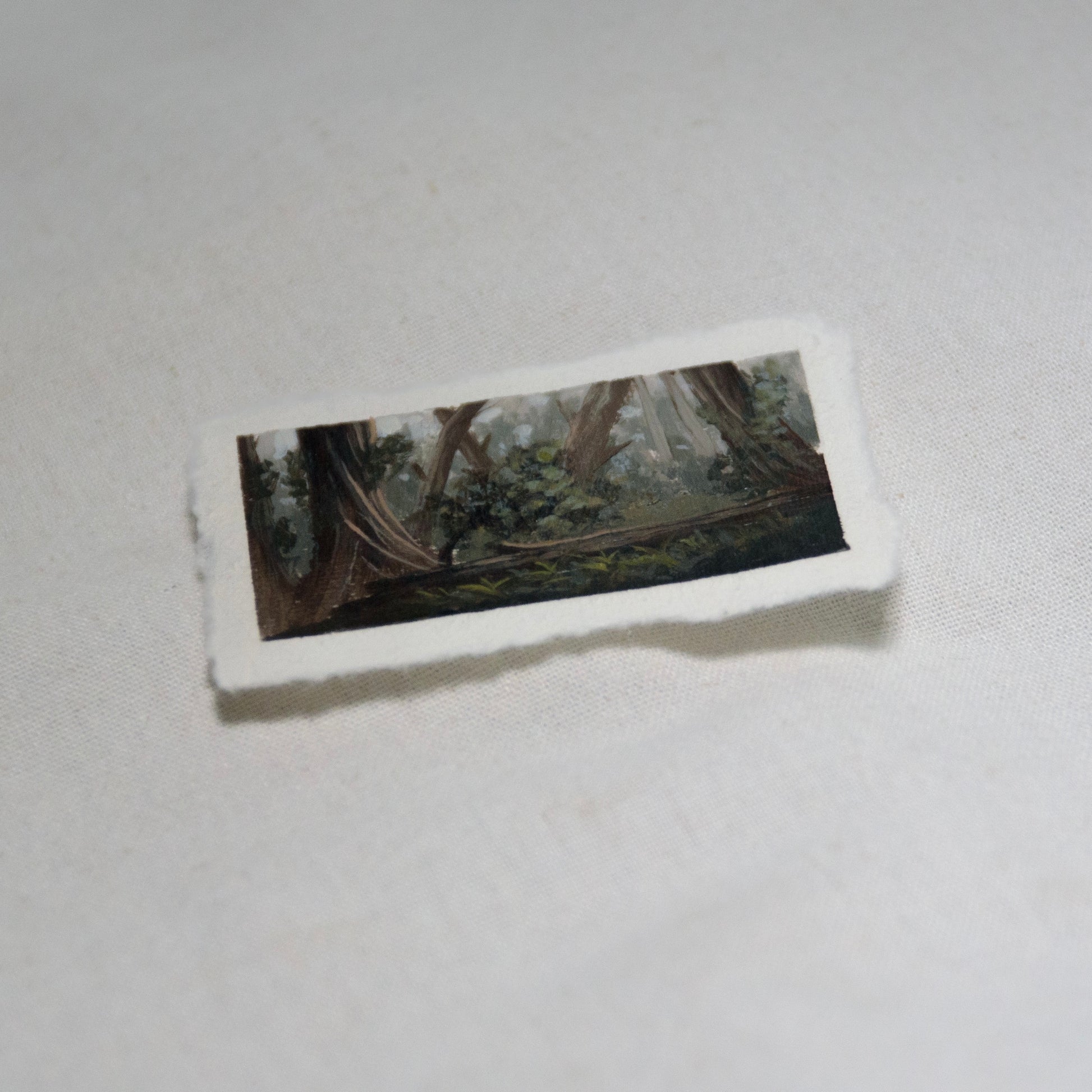 Side profile of redwood grove in redwood national park painting on deckled edge 100% cotton rag paper