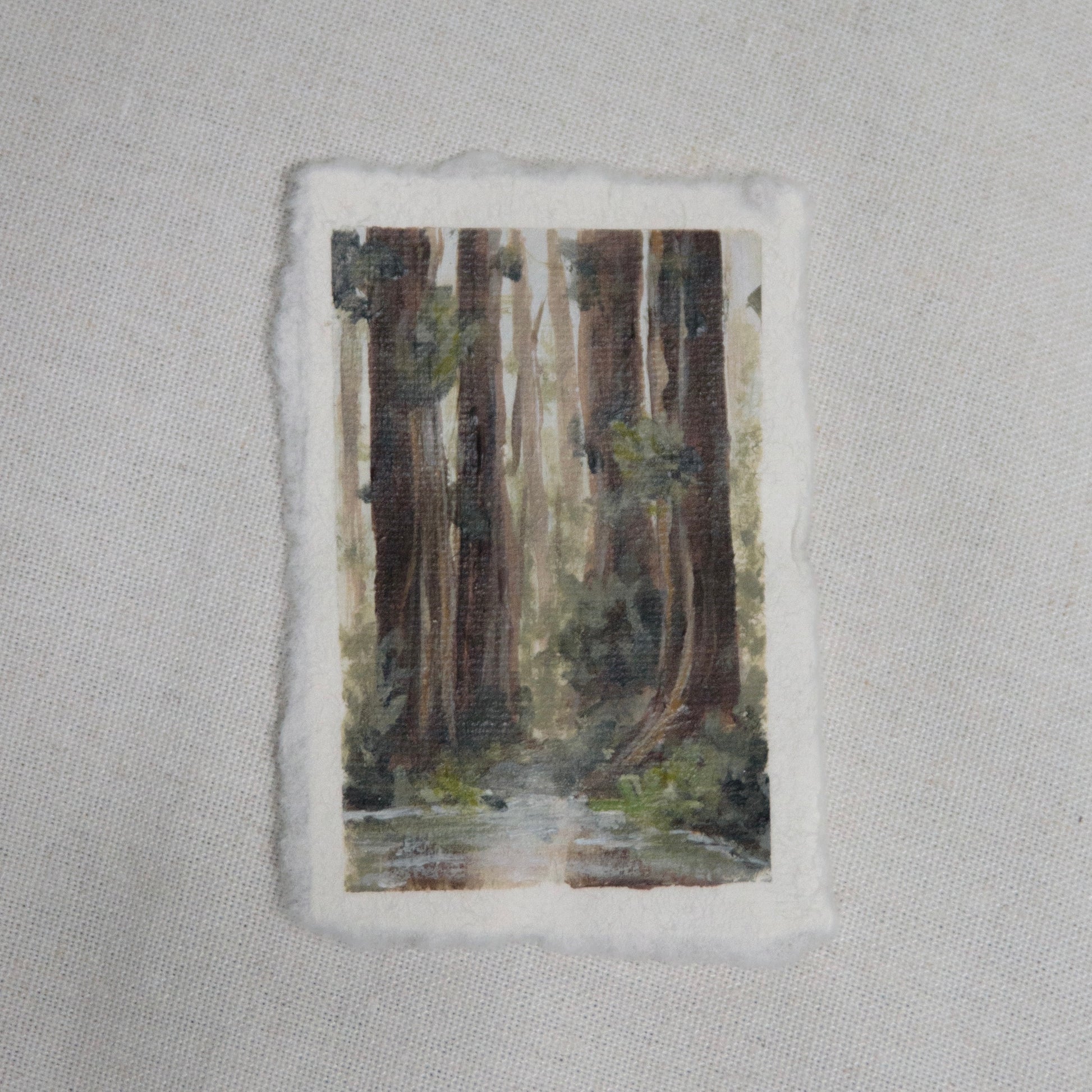 redwood grove with creek miniature acrylic painting from redwood National Park by Laura Van Moorleghem