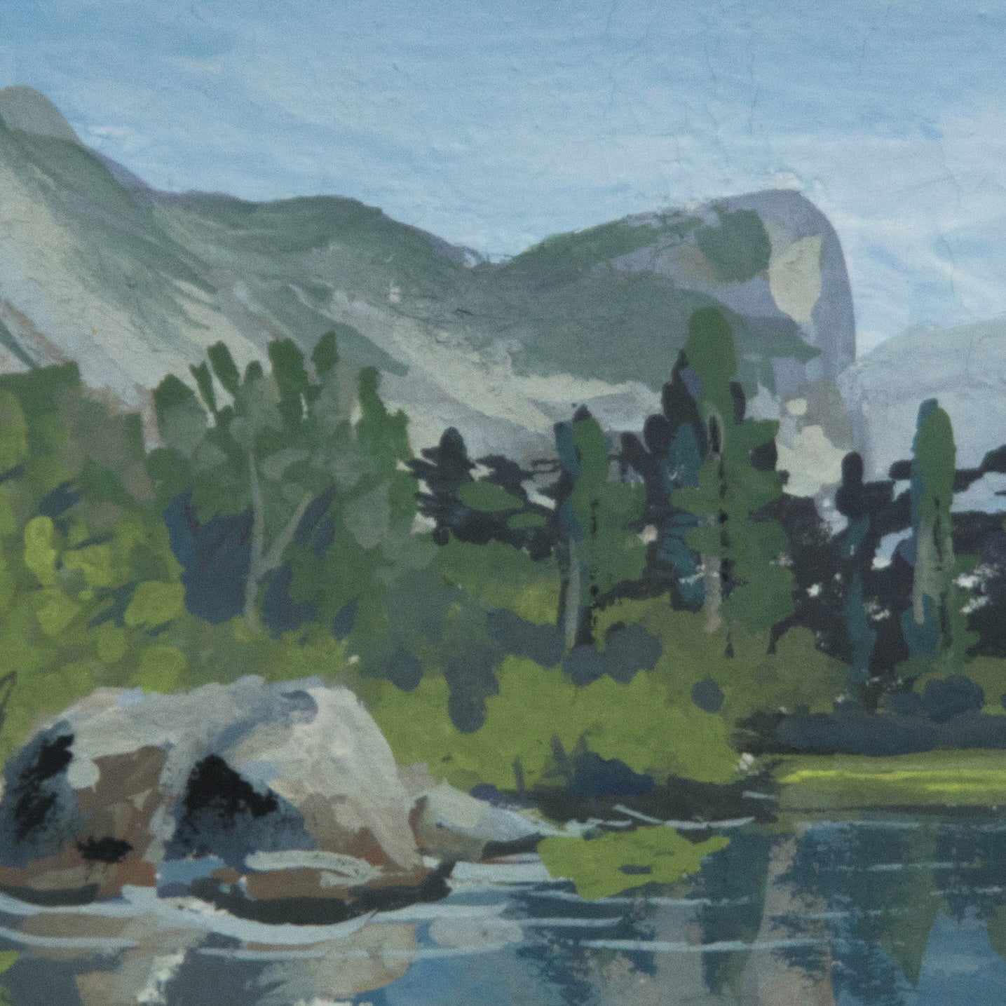 Close-up detail of plein air brushstrokes and textures in Reflection Lake Yosemite art