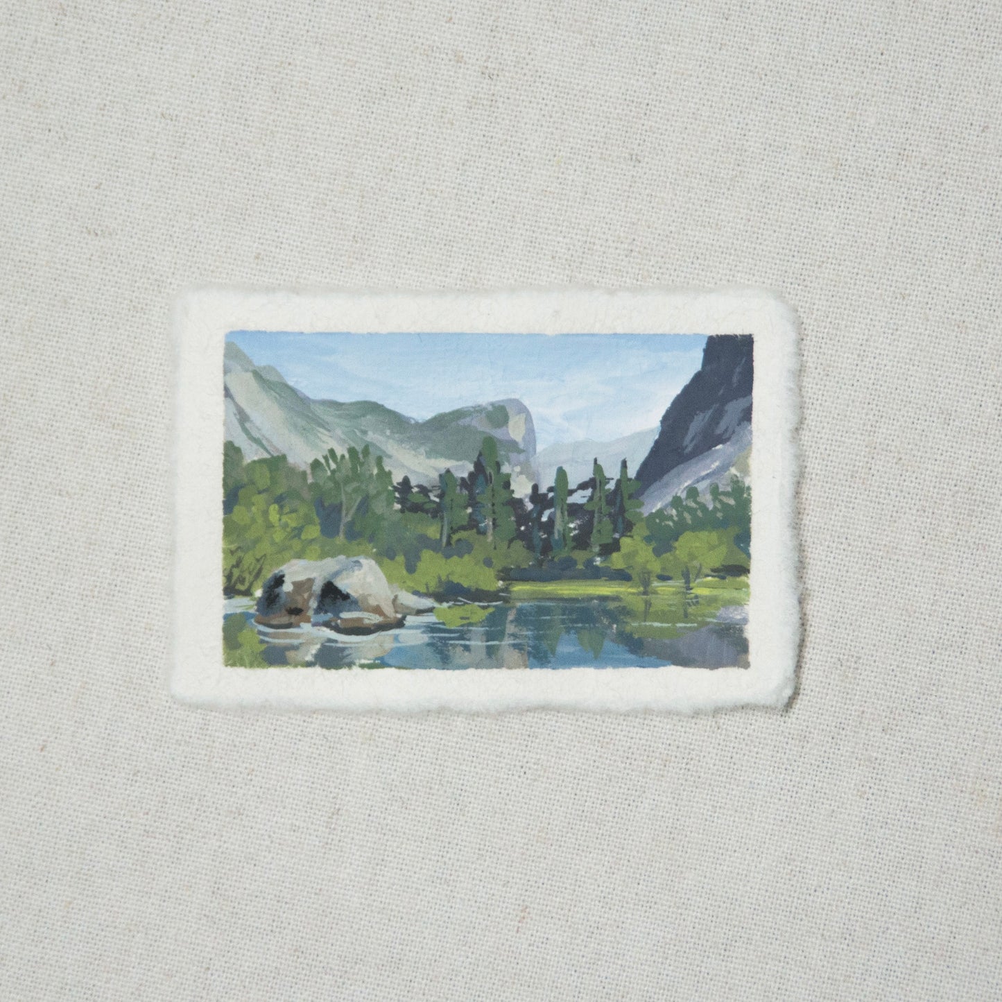 A miniature painting depicting Reflection lake at Yosemite National Park by Laura van Moorleghem