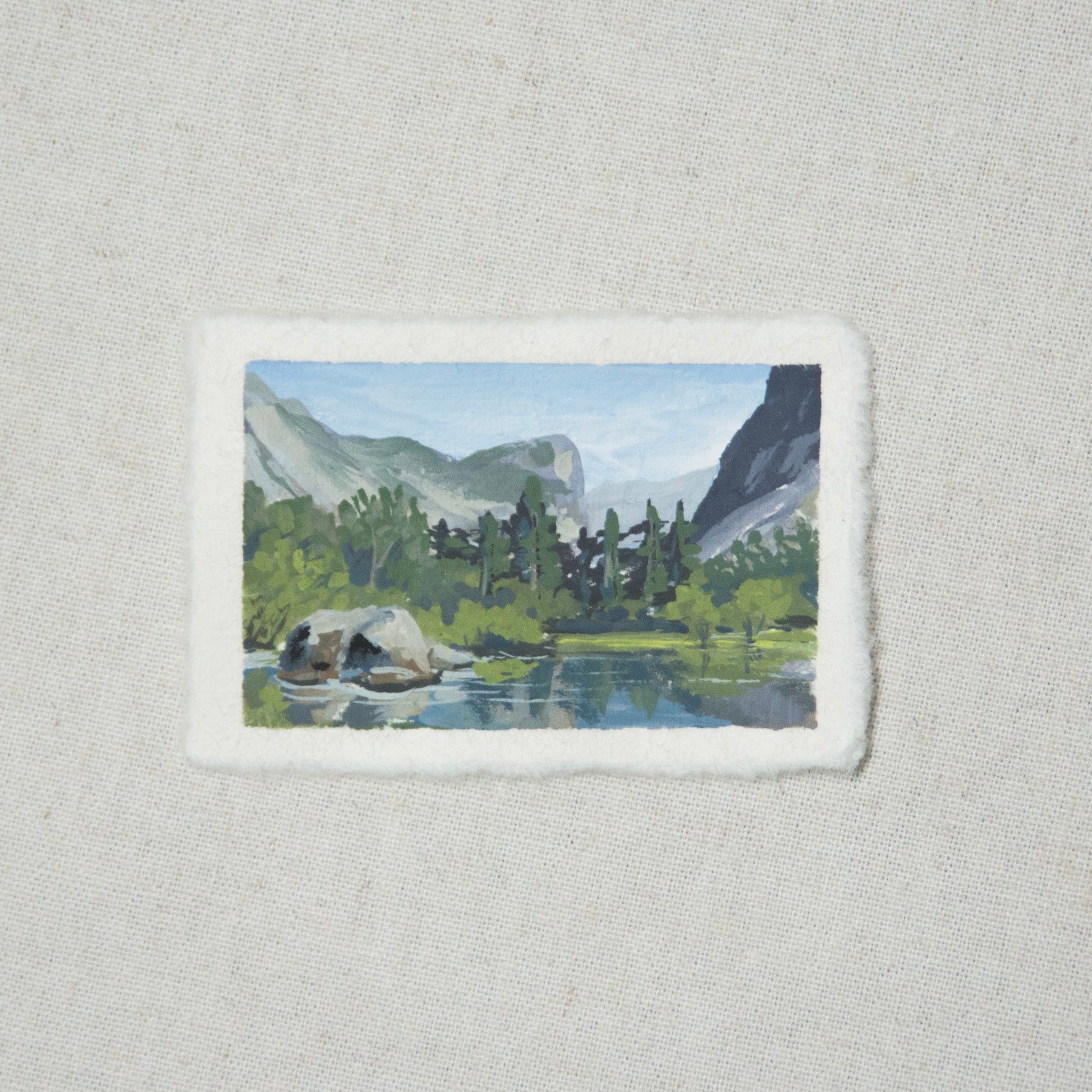 A miniature painting depicting Reflection lake at Yosemite National Park by Laura van Moorleghem