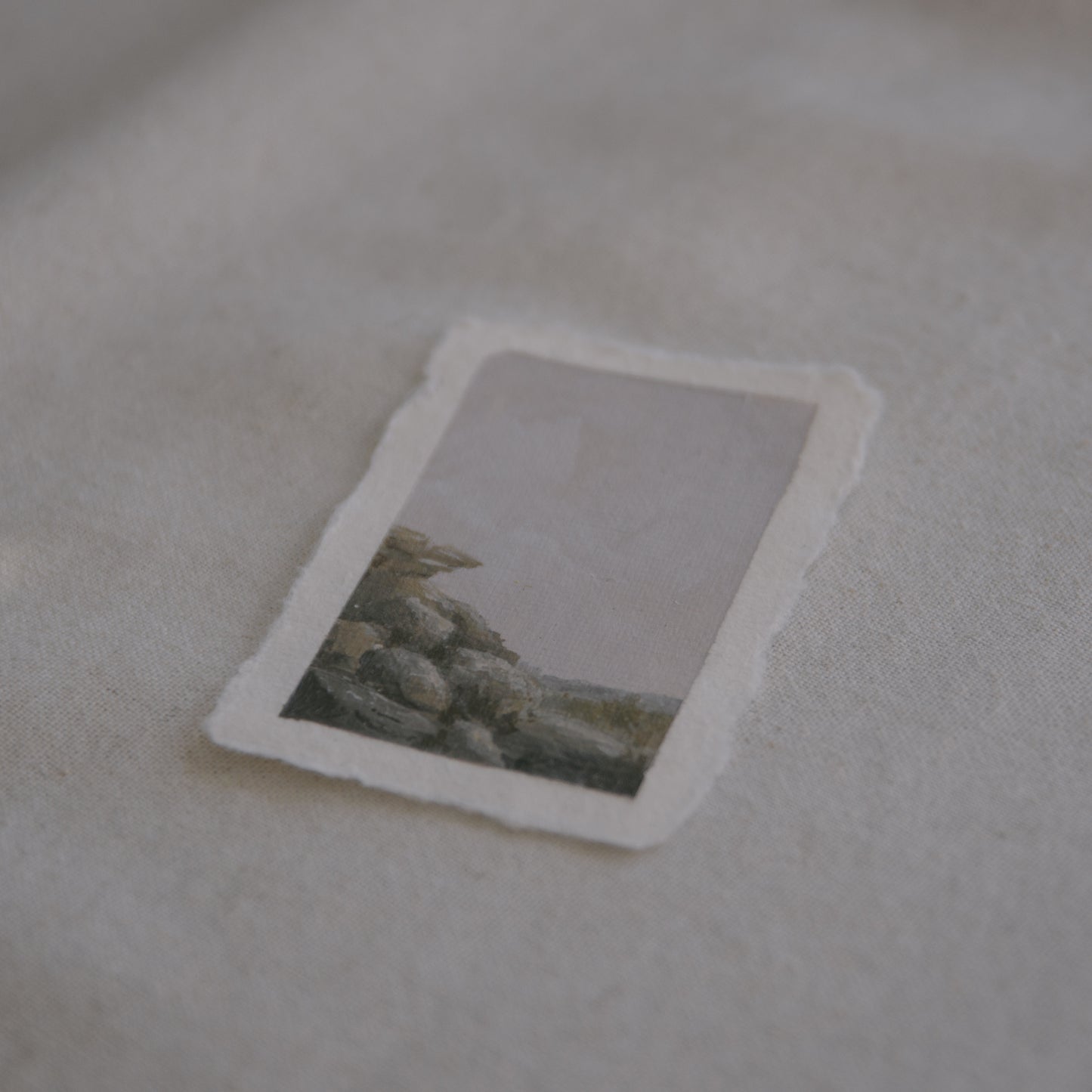 Side profile of granite boulders painting in Joshua Tree National Park on deckled edge 100% cotton rag paper