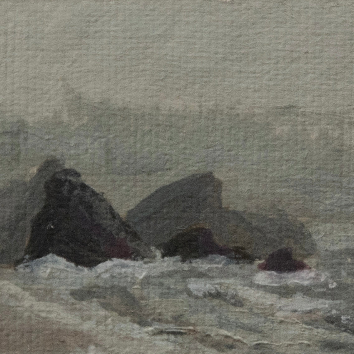 Close-up detail of plein air brushstrokes and jagged haystacks in the Pacific Ocean textures in ruby beach in olympic national park art