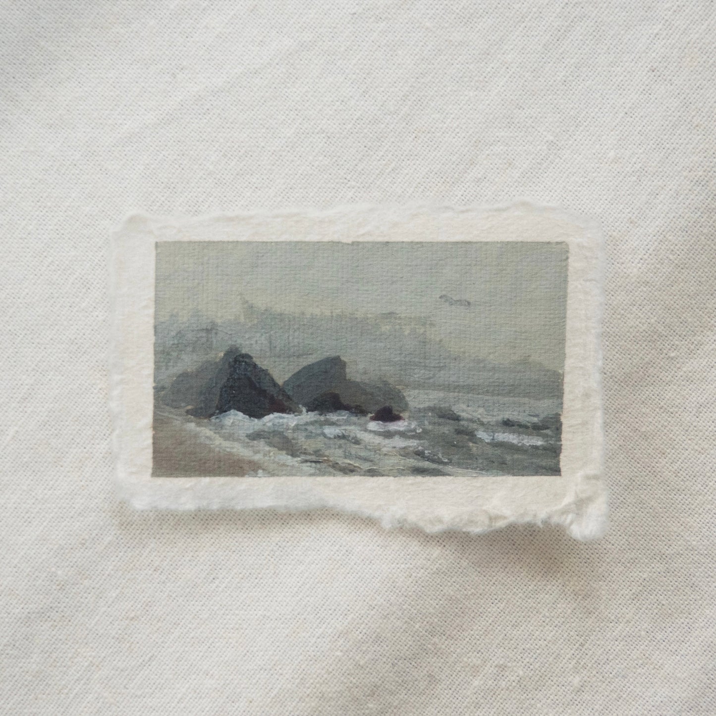 ruby beach miniature acrylic painting during a foggy day from olympic National Park by Laura Van Moorleghem