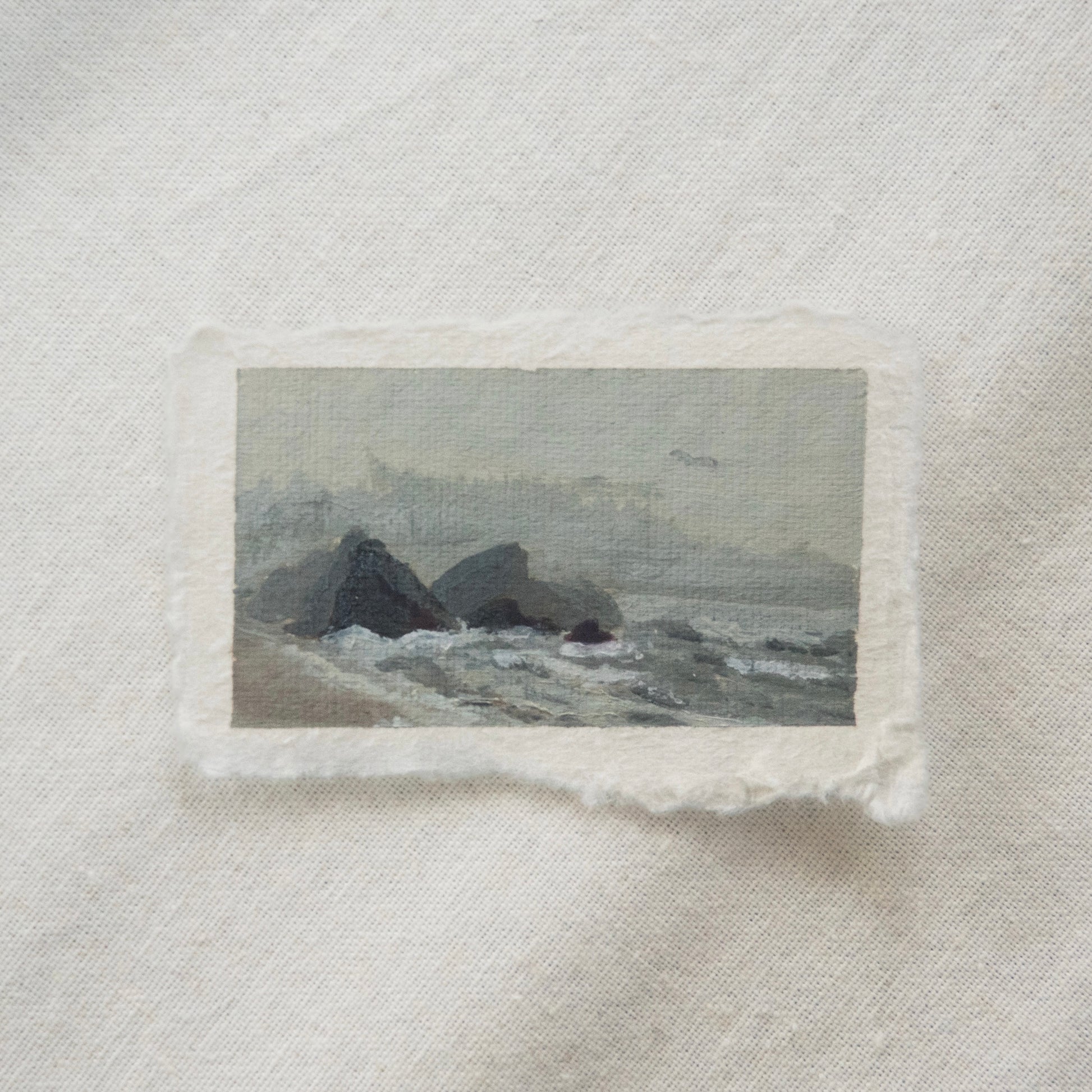 ruby beach miniature acrylic painting during a foggy day from olympic National Park by Laura Van Moorleghem