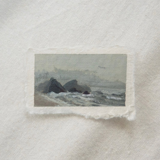 ruby beach miniature acrylic painting during a foggy day from olympic National Park by Laura Van Moorleghem