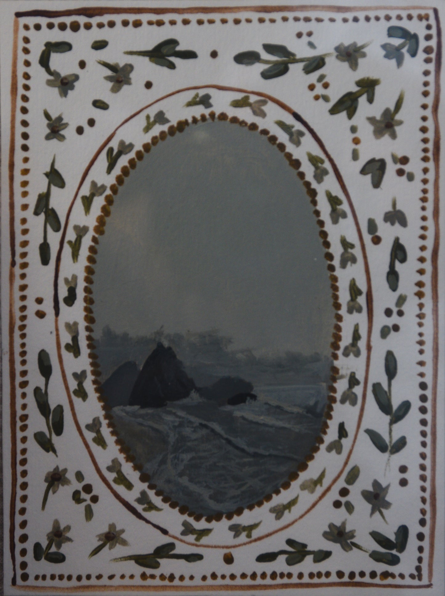 ruby beach olympic national park mini painting depicting haystacks on a misty, foggy day by Laura van Moorleghem