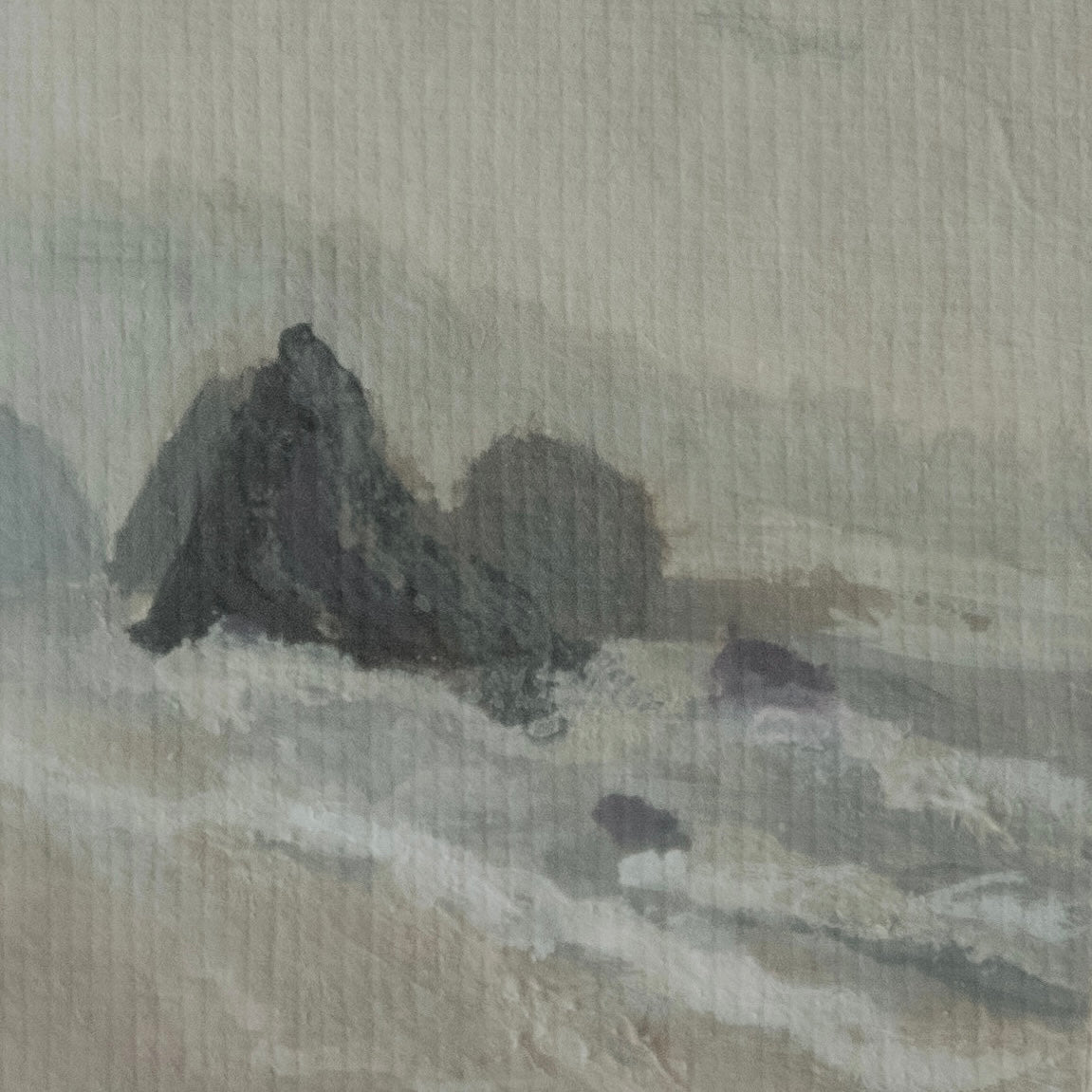 Close-up detail of plein air brushstrokes and ocean haystack textures in Ruby Beach in Olympic National Park art