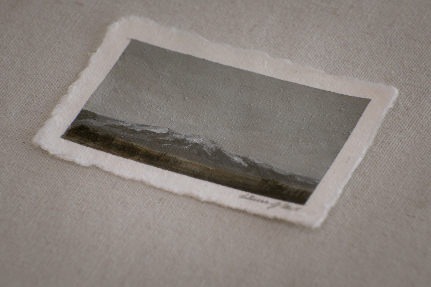 Side profile of Sangre de Cristo mountains in Great Sand Dunes. Miniature painting on deckled edge 100% cotton rag paper embedded with sand