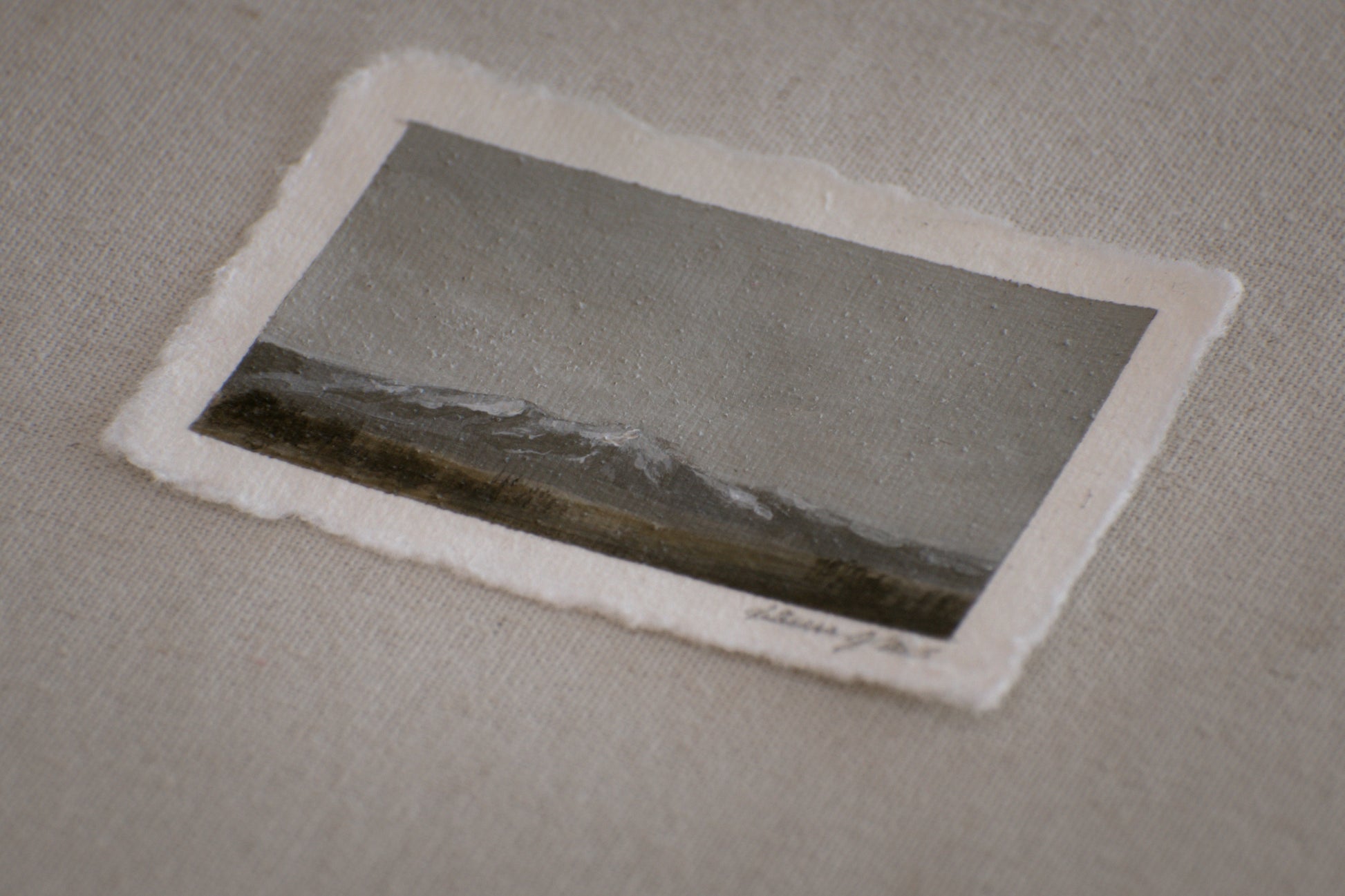 Side profile of Sangre de Cristo mountains in Great Sand Dunes. Miniature painting on deckled edge 100% cotton rag paper embedded with sand